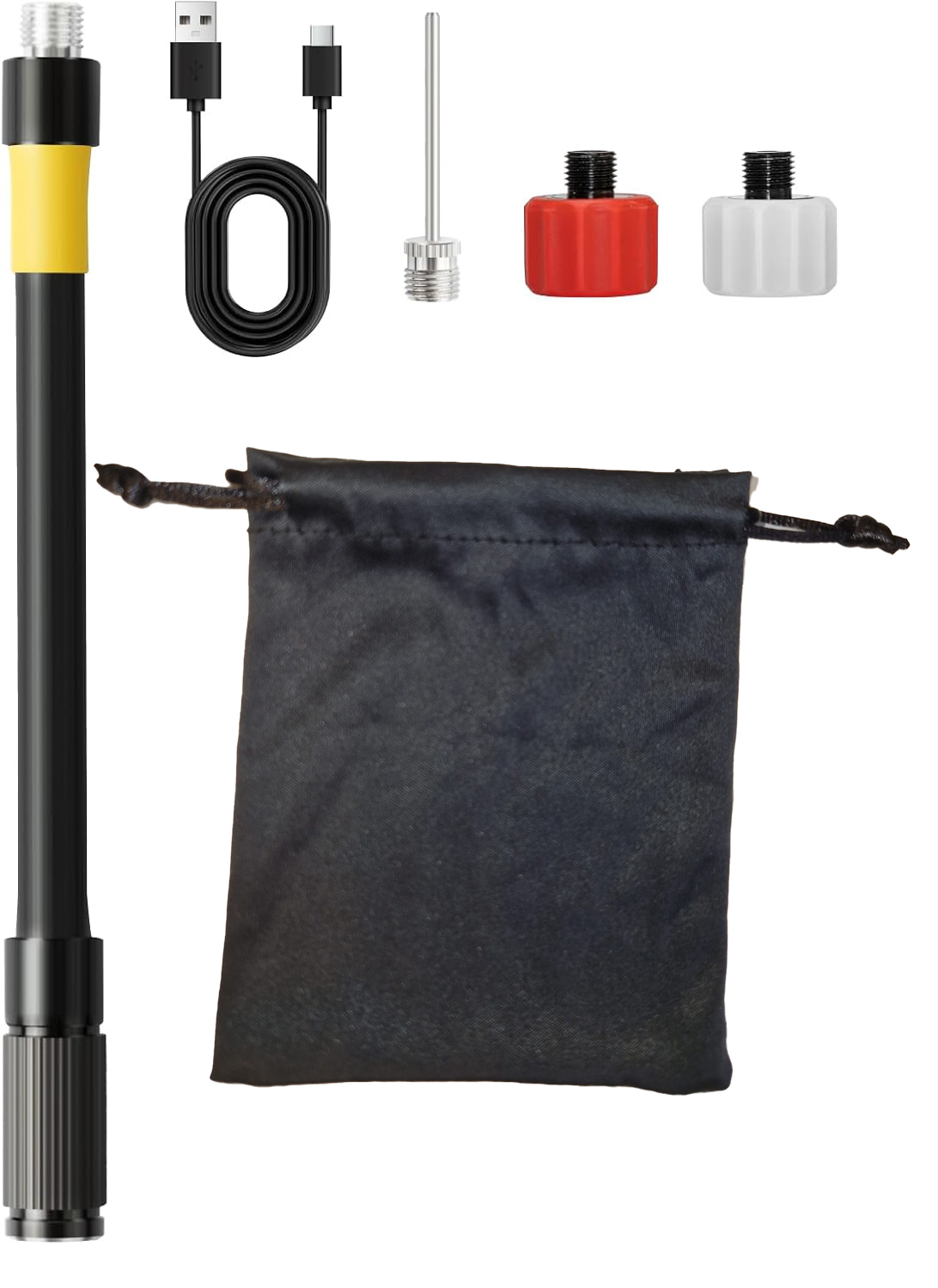 Zwarte slang met gele band, USB-kabel, naald, rode en witte adapter, en tas.