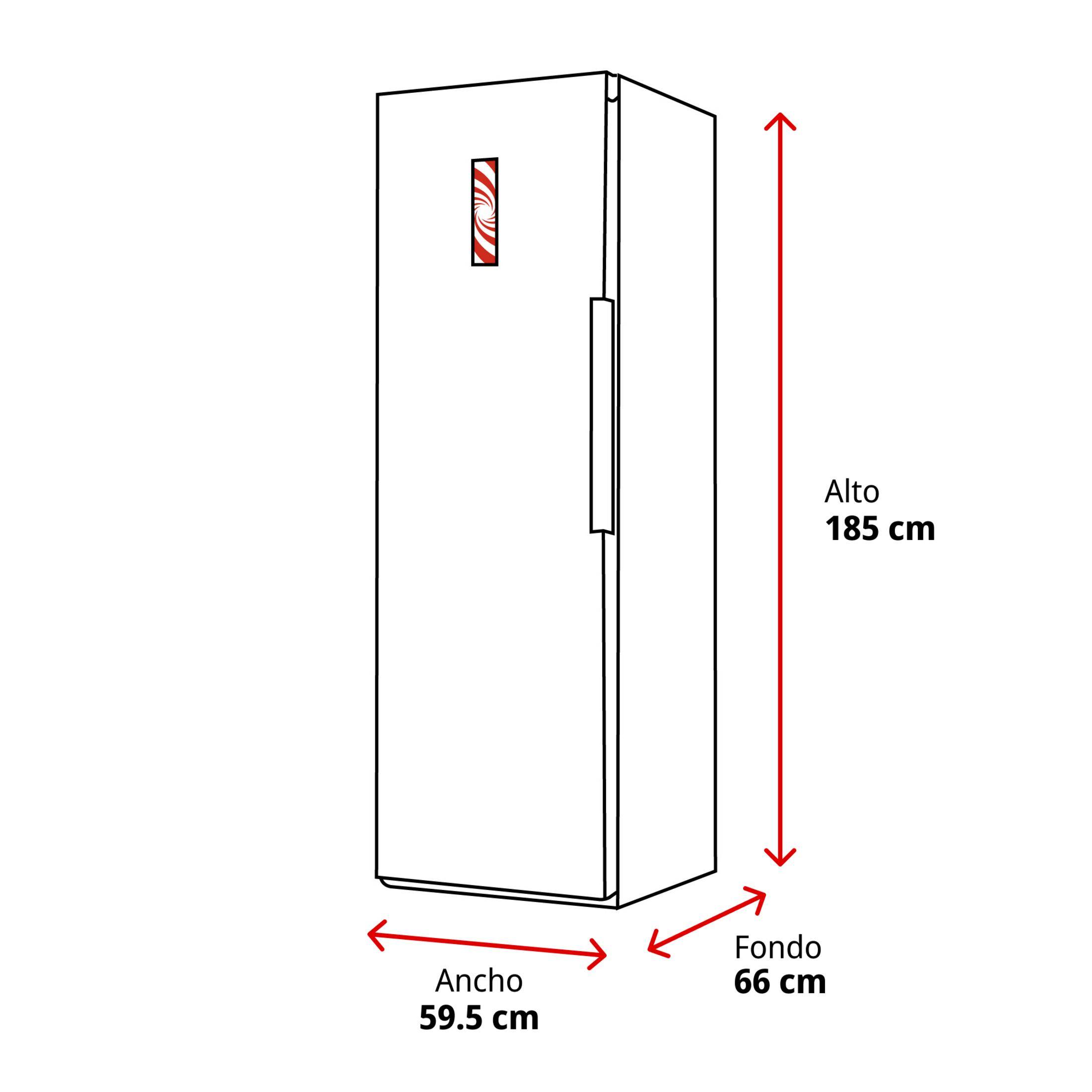 Un refrigerador de 185x59,5x66 cm con un diseño de espiral rojo.