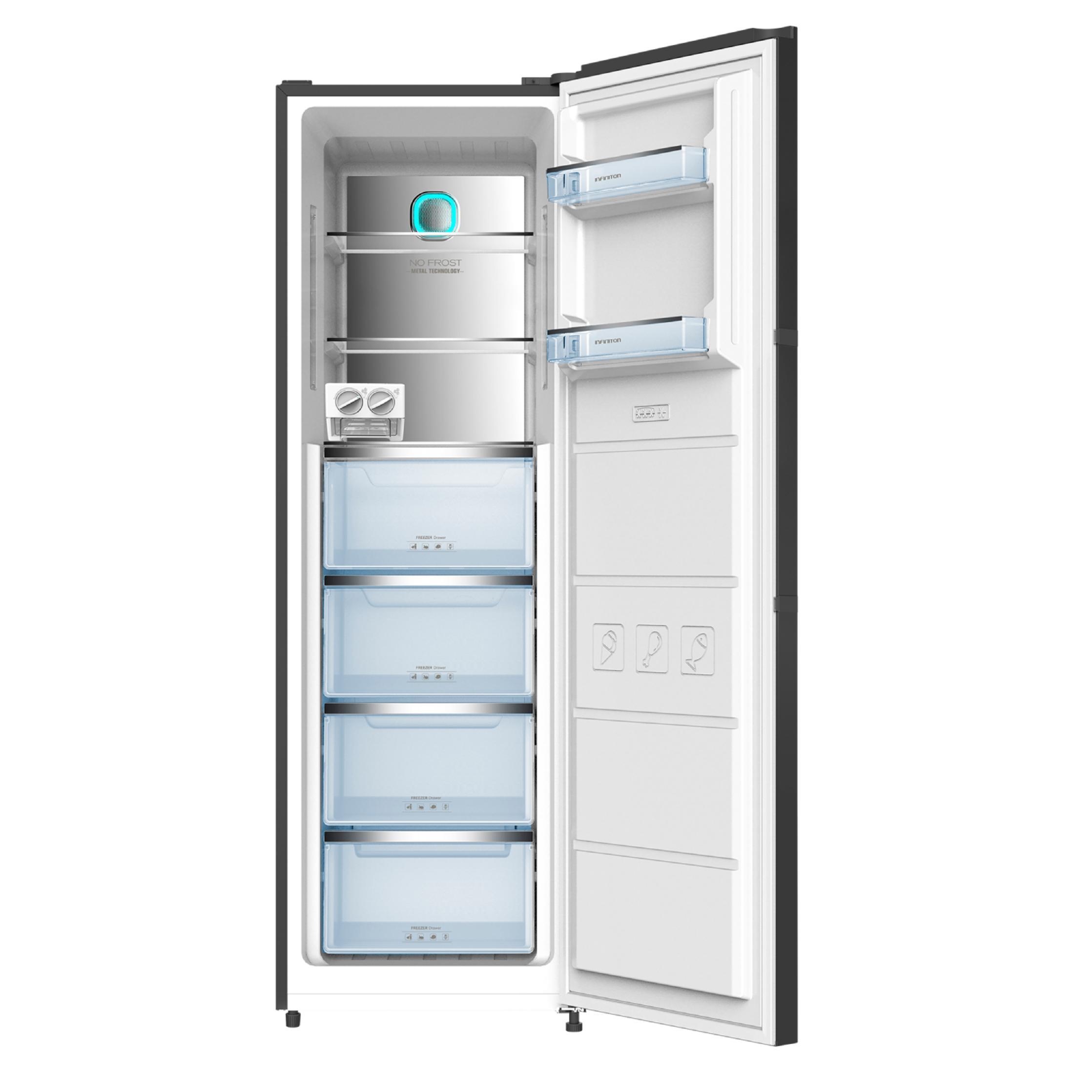 Un refrigerador abierto con múltiples cajones y estantes.