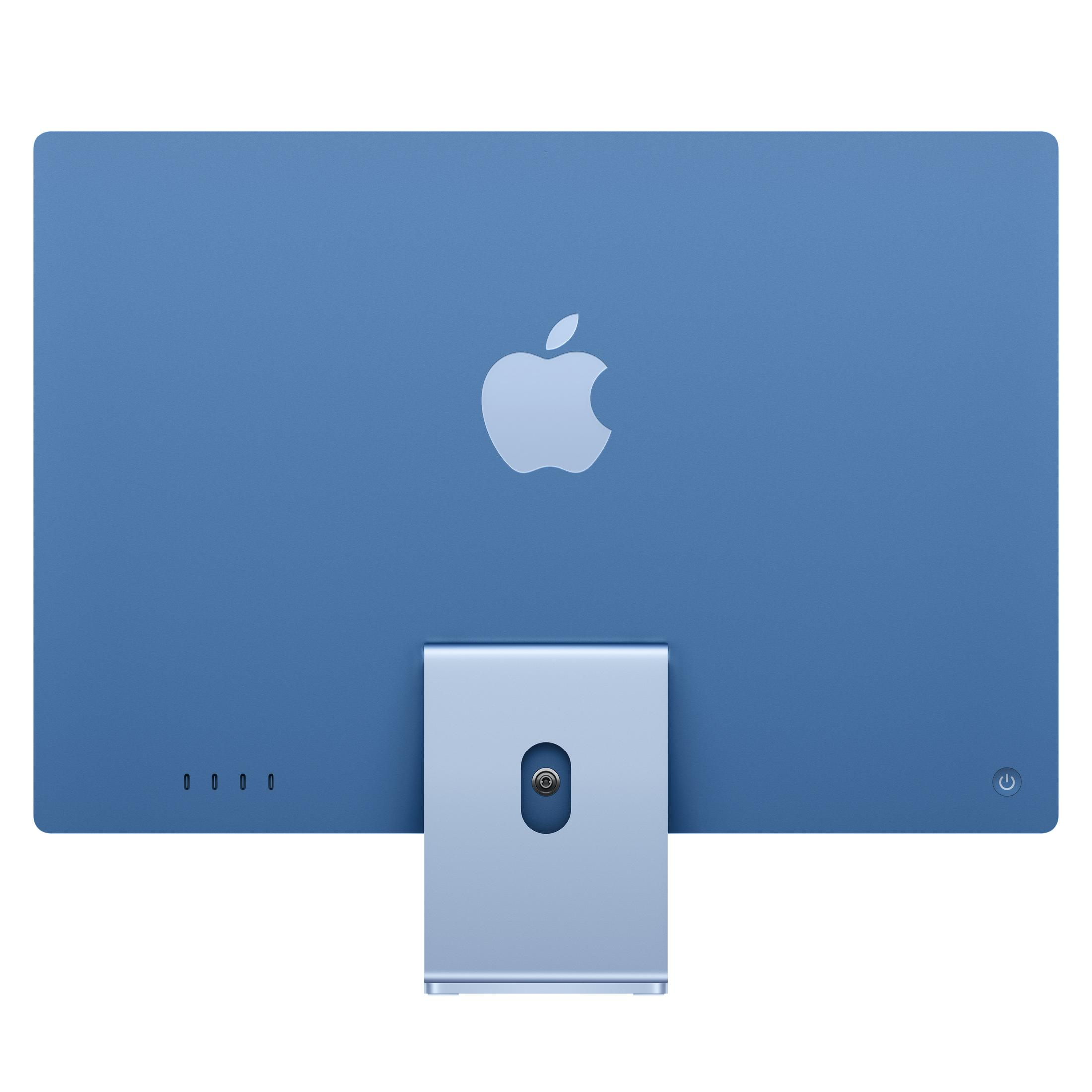 iMac azul con logo de Apple y peana, visto desde atrás. Cuatro puntos a la izquierda.