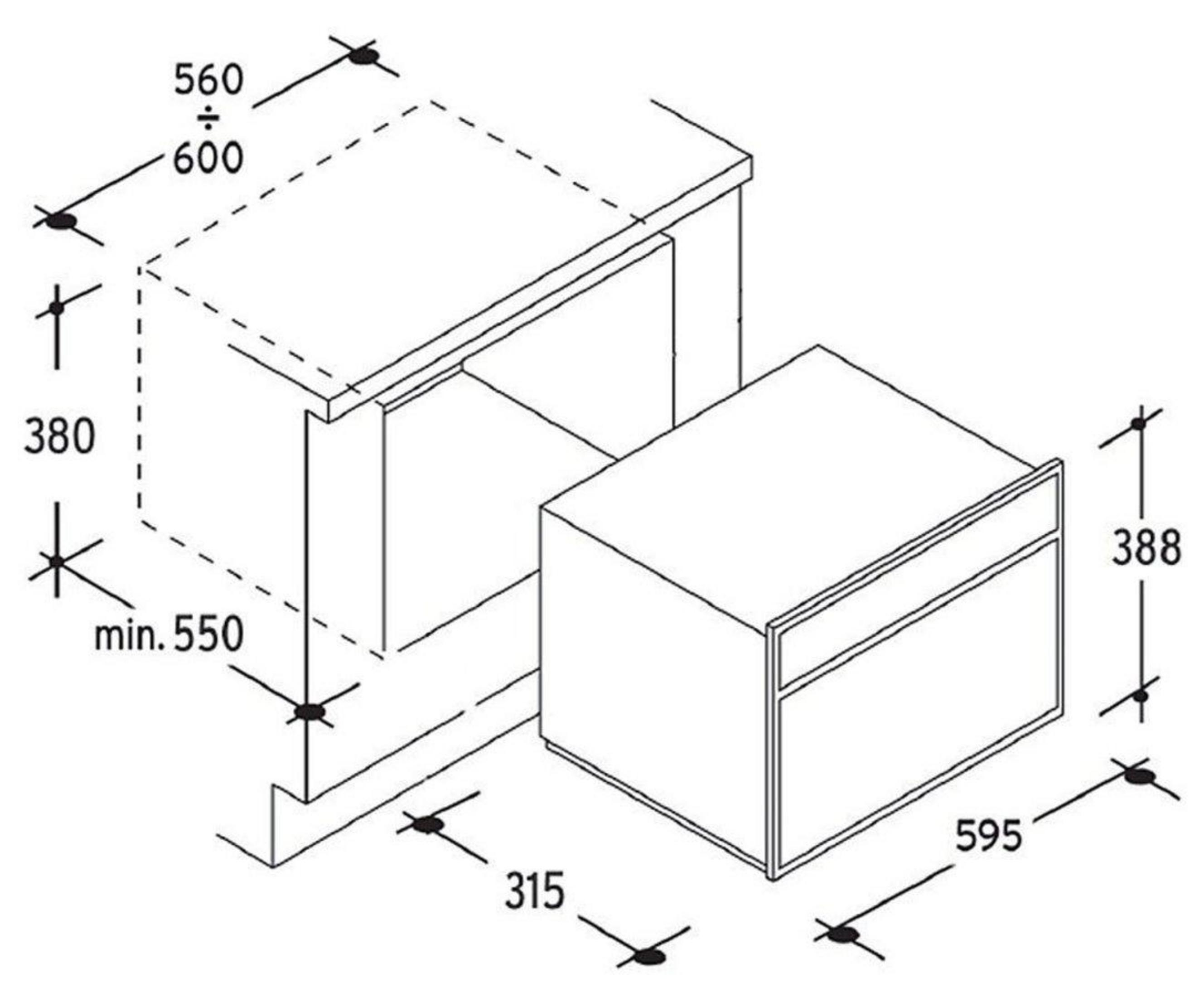 Disegno tecnico di un apparecchio con dimensioni.