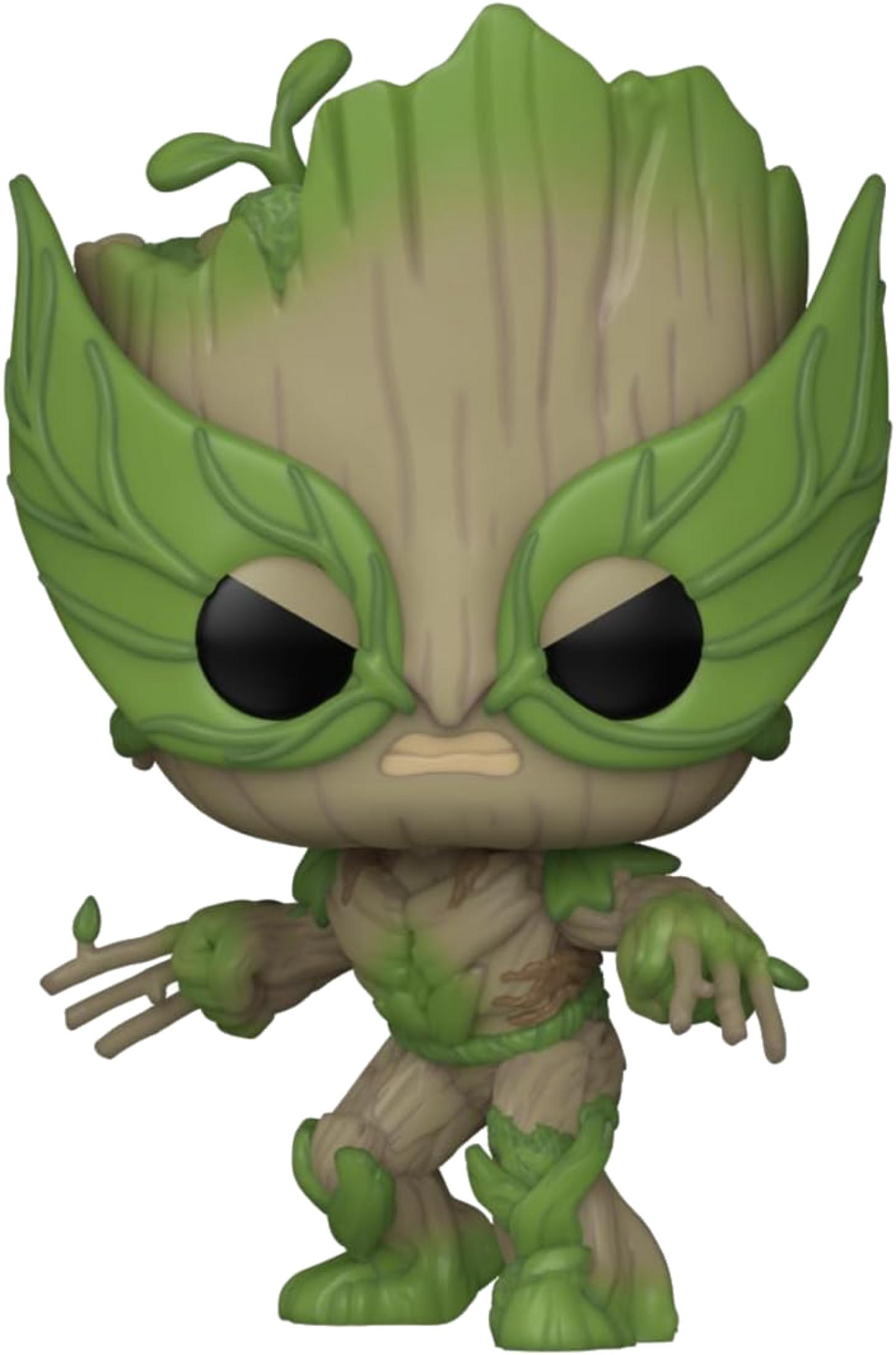 Una figura verde estilo Groot con decoraciones de hojas y ojos enojados.