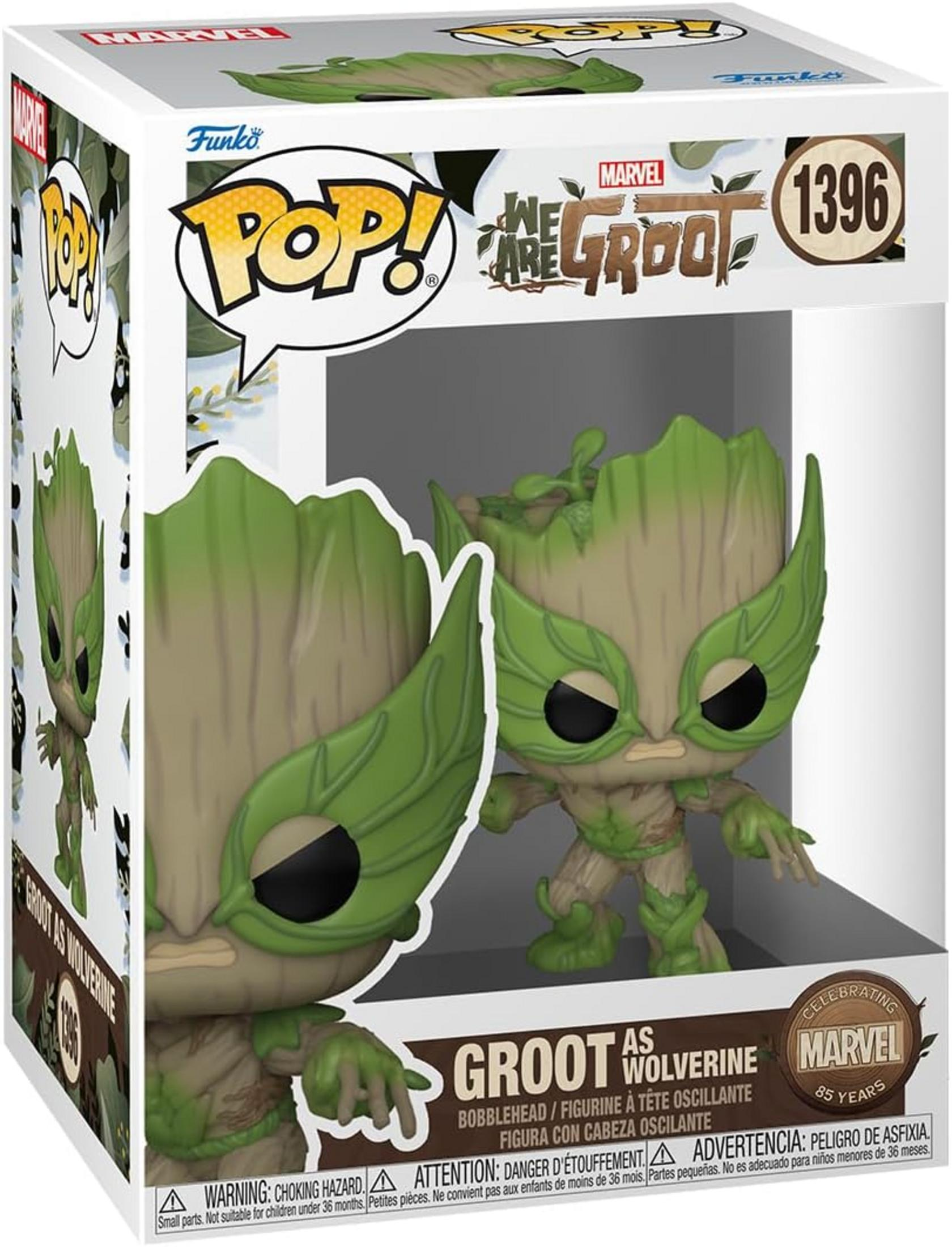 Caja Funko Pop! con Groot como Wolverine, logo de Marvel y número de figura.