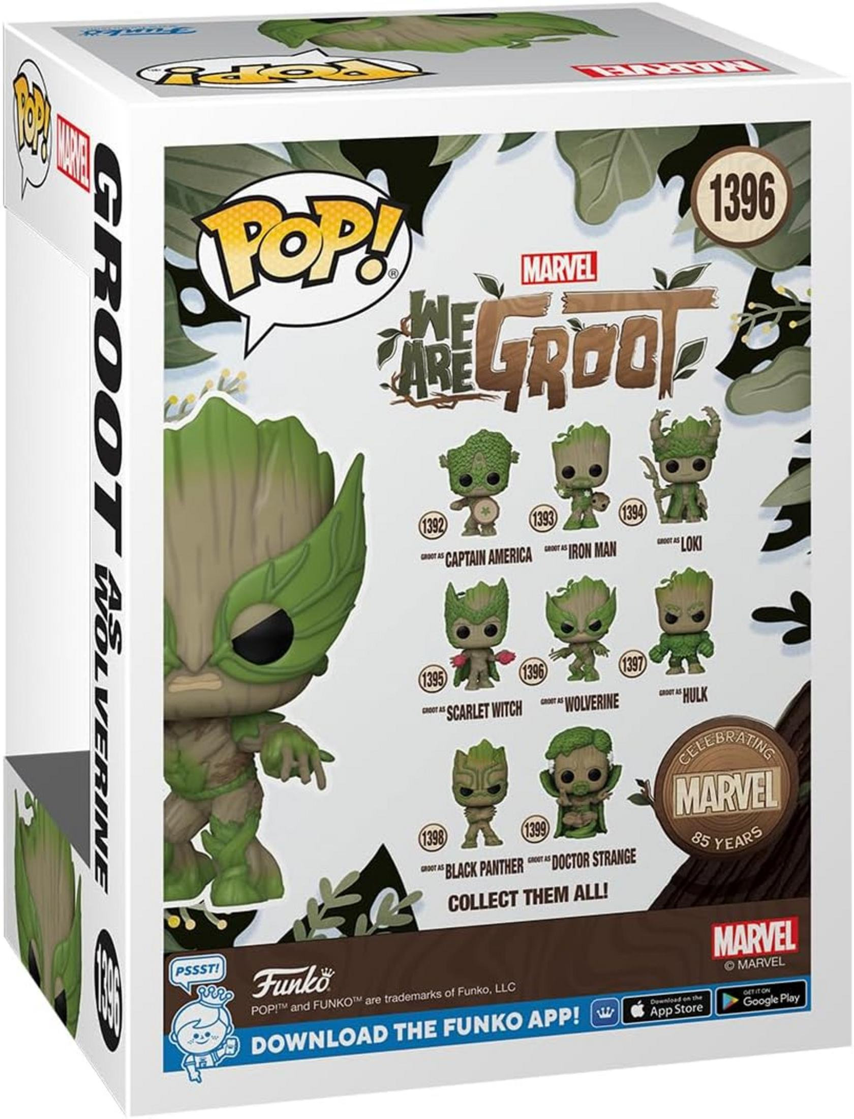 Caja Funko Pop con figura de Groot como Wolverine. Presenta otras figuras de Groot.