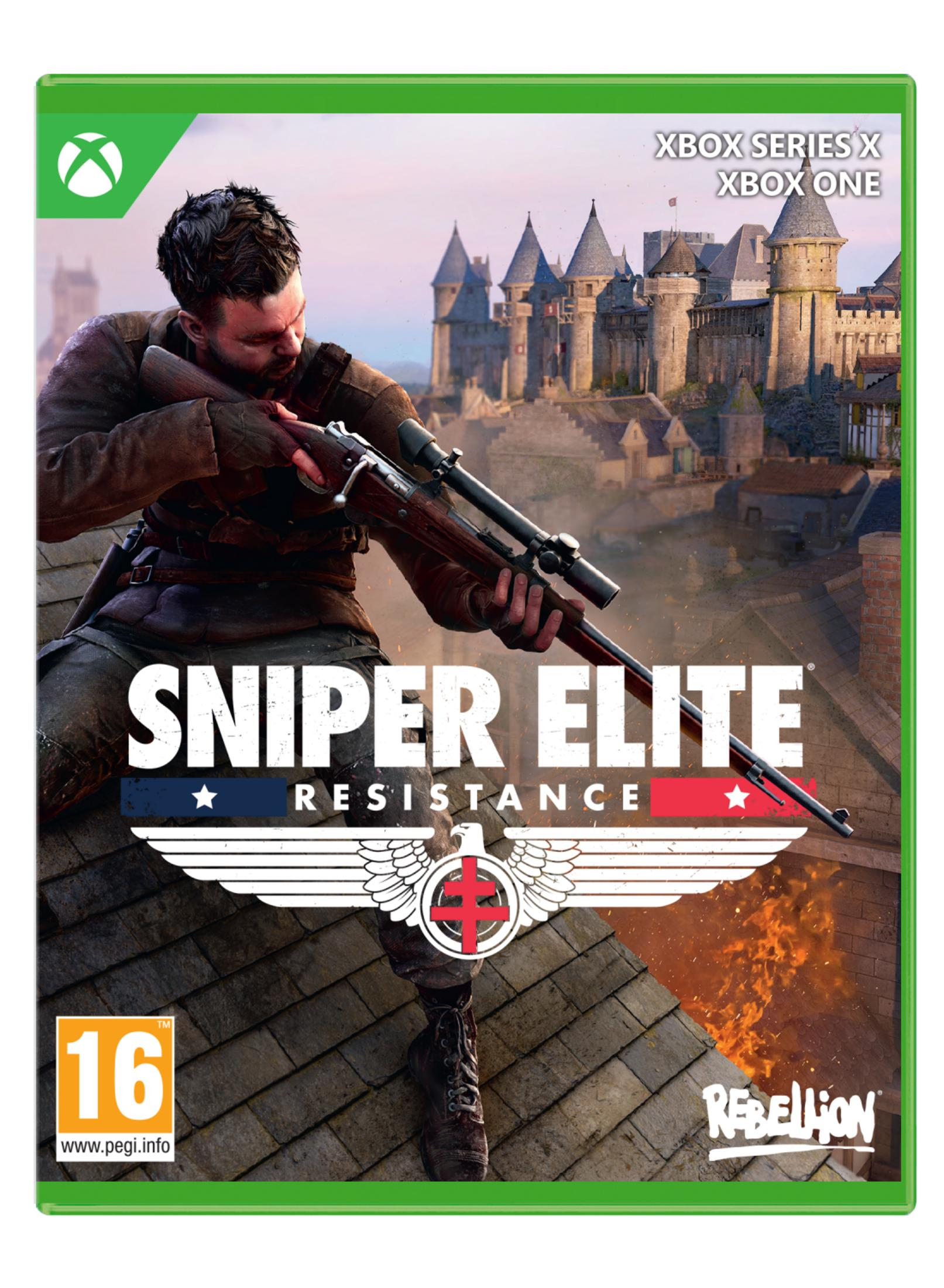 Un francotirador apunta con un rifle a un castillo. Portada de juego de Xbox.