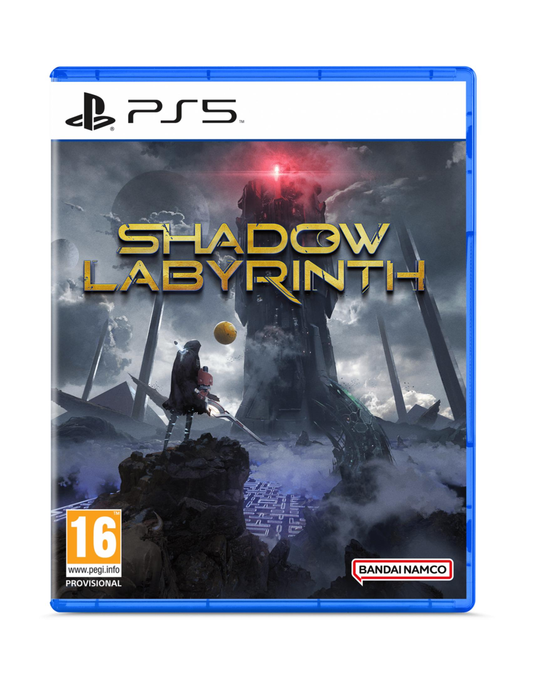 Un personaggio si erge su rocce davanti a una torre intitolata "Shadow Labyrinth".