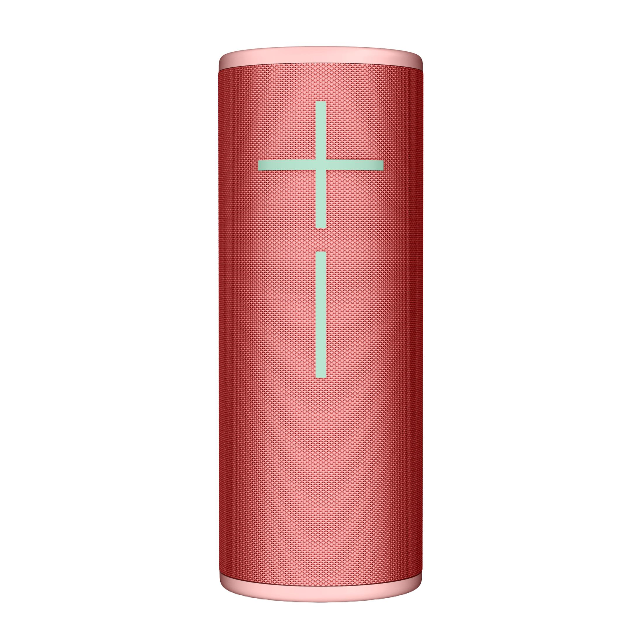 Koralowoczerwony głośnik Bluetooth z jasnozielonymi symbolami plus i minus.