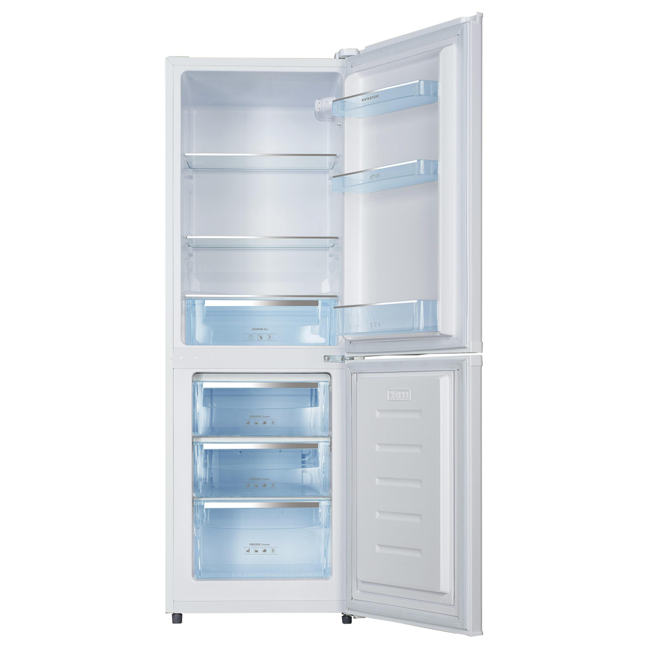 Un refrigerador blanco abierto con cajones y estantes transparentes.