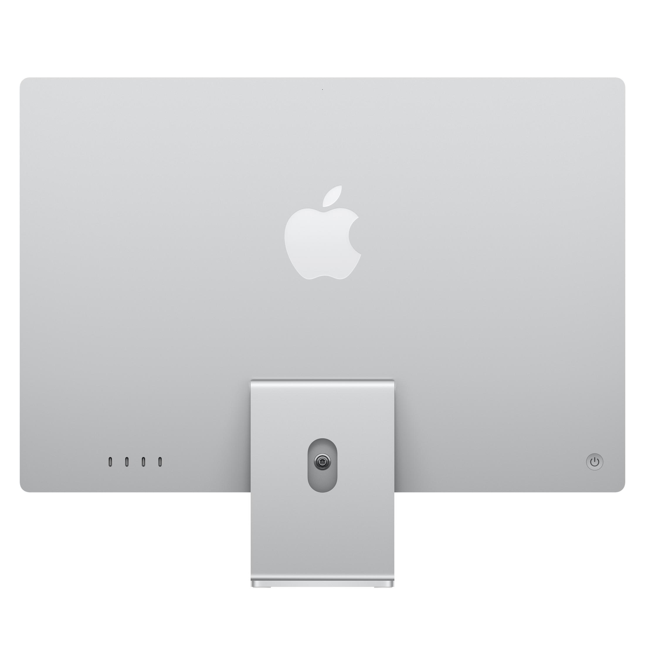 Vista trasera de un iMac plateado con logo de Apple, soporte y puertos.