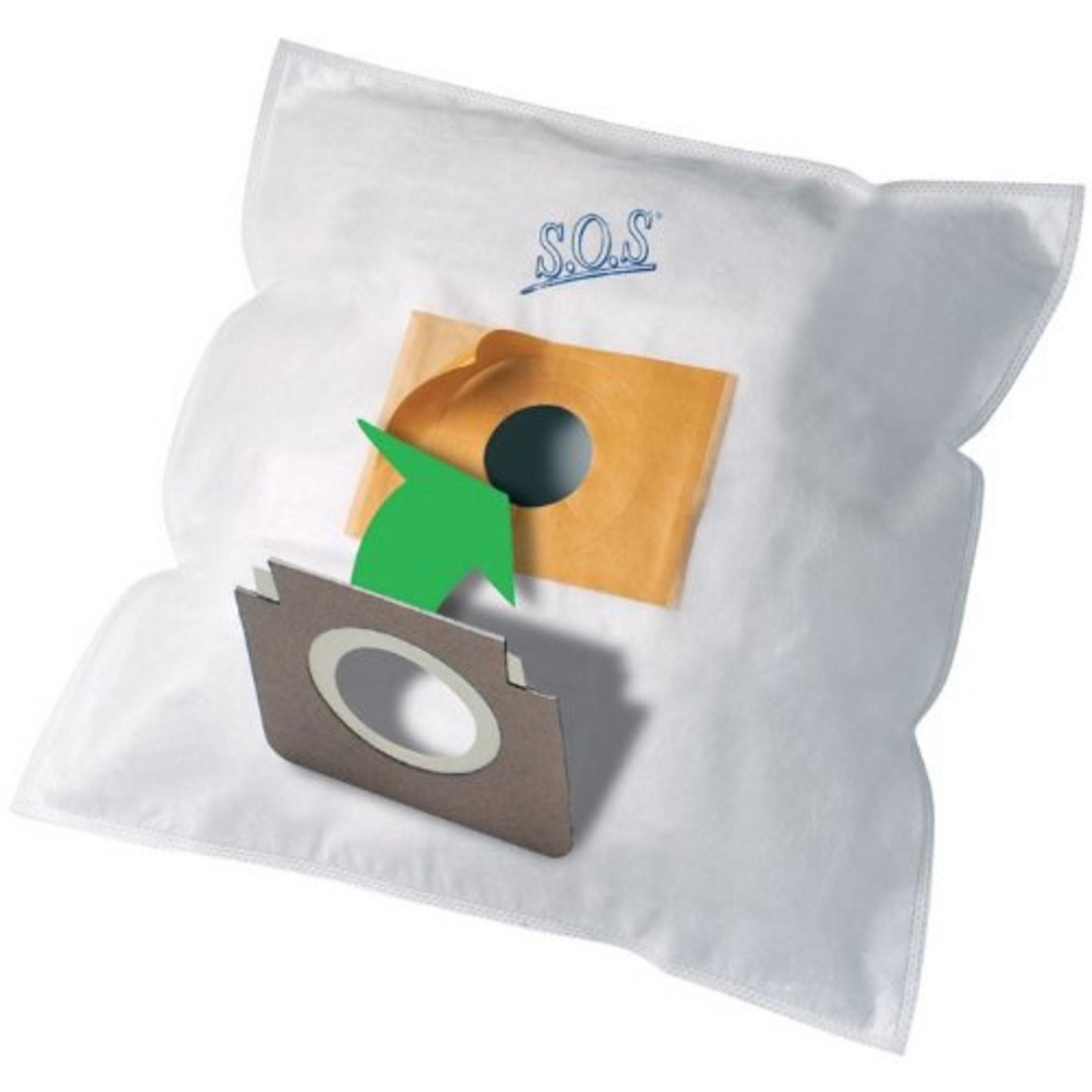 Una bolsa de aspiradora blanca con logo S.O.S. y flecha verde.