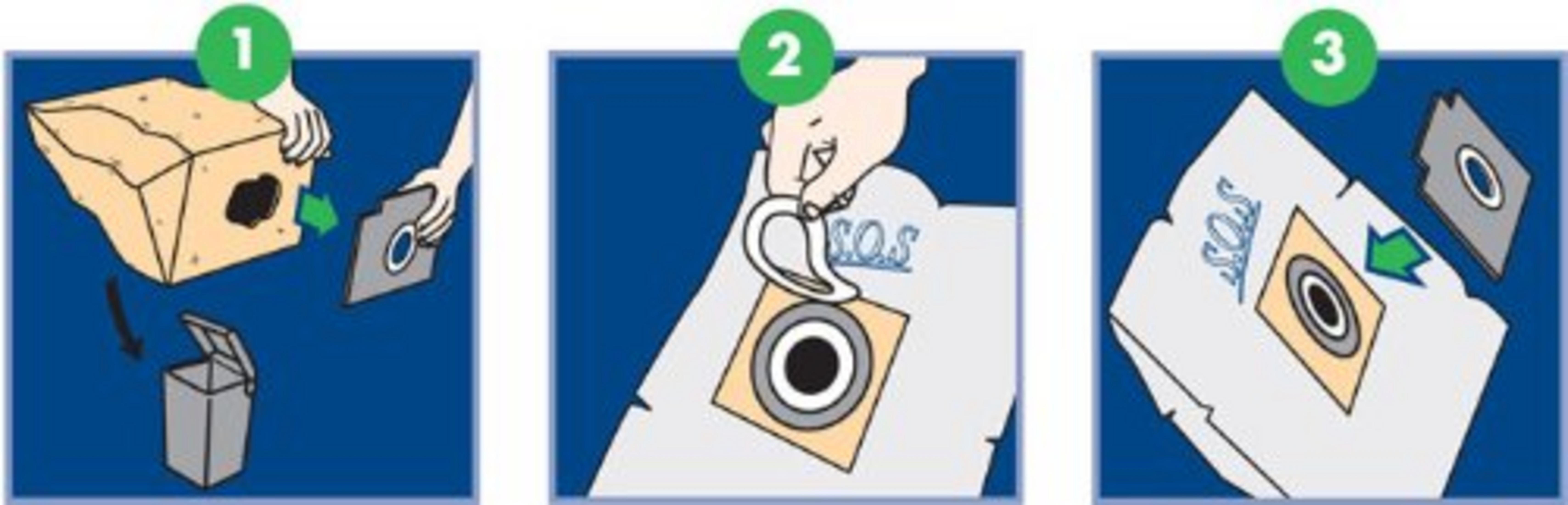 Pasos: Insertar bolsa, quitar sello, colocar bolsa nueva.