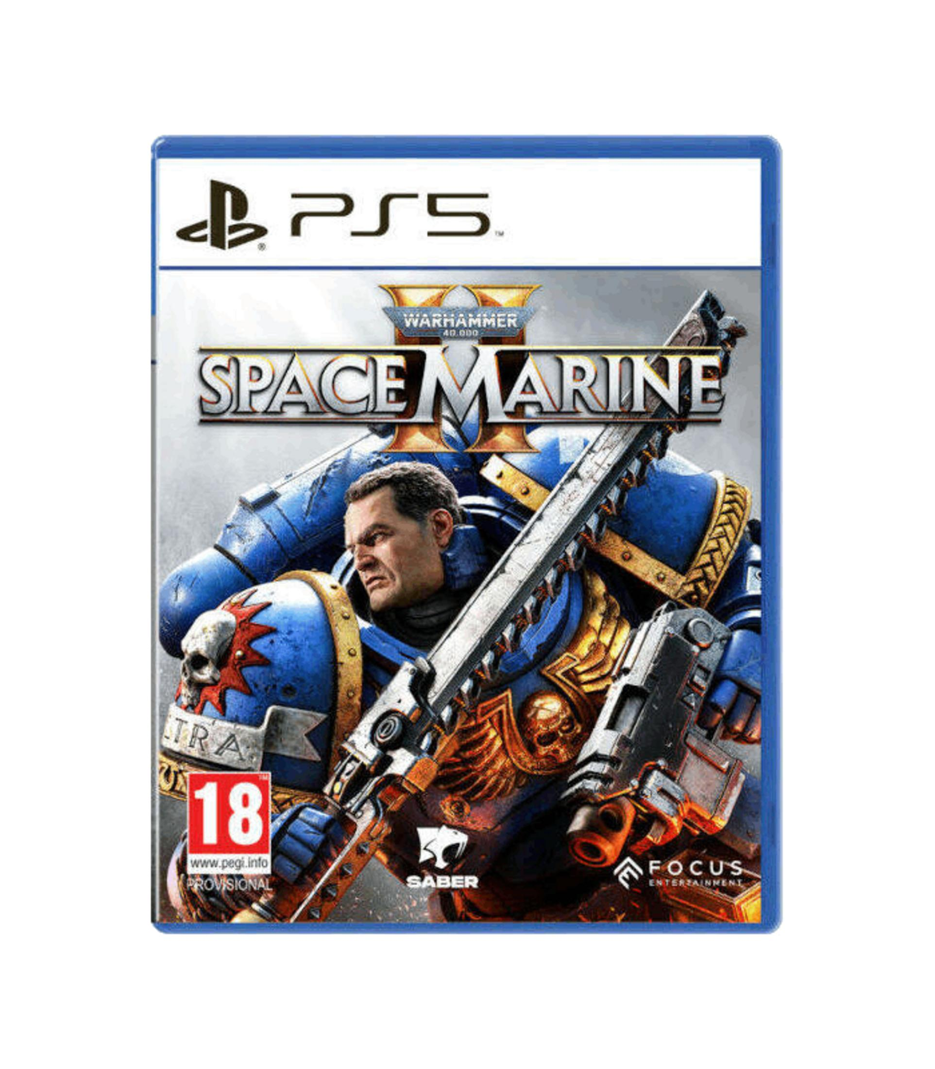Custodia gioco PS5 Space Marine 2: Uno Space Marine con spada motosega, pistola e classificazione "18".