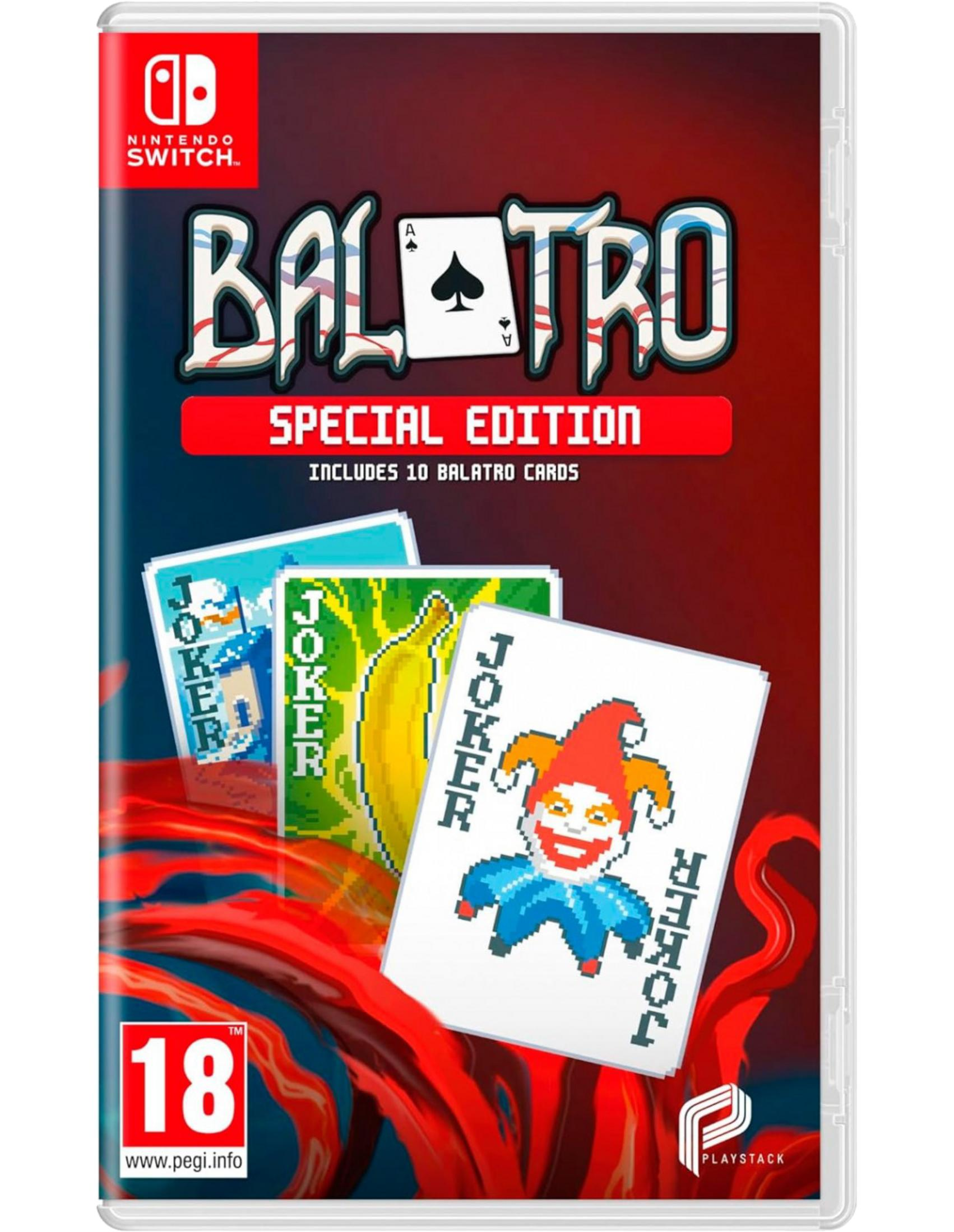 Caja de juego de Nintendo Switch para Balatro Edición Especial con cartas pixel art de un joker y un plátano.