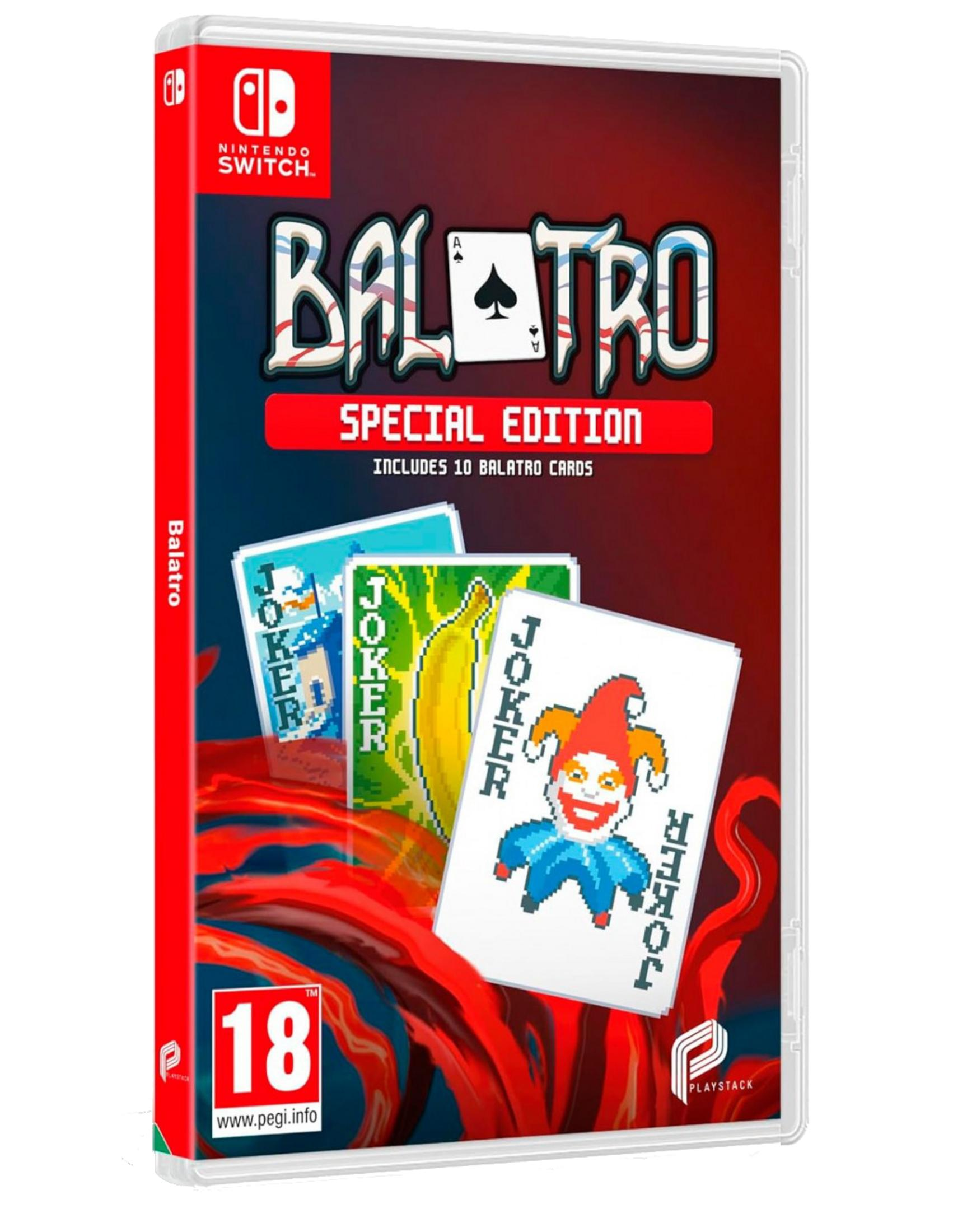 Caja del juego Nintendo Switch "Balatro Edición Especial" con cartas Joker y arte.