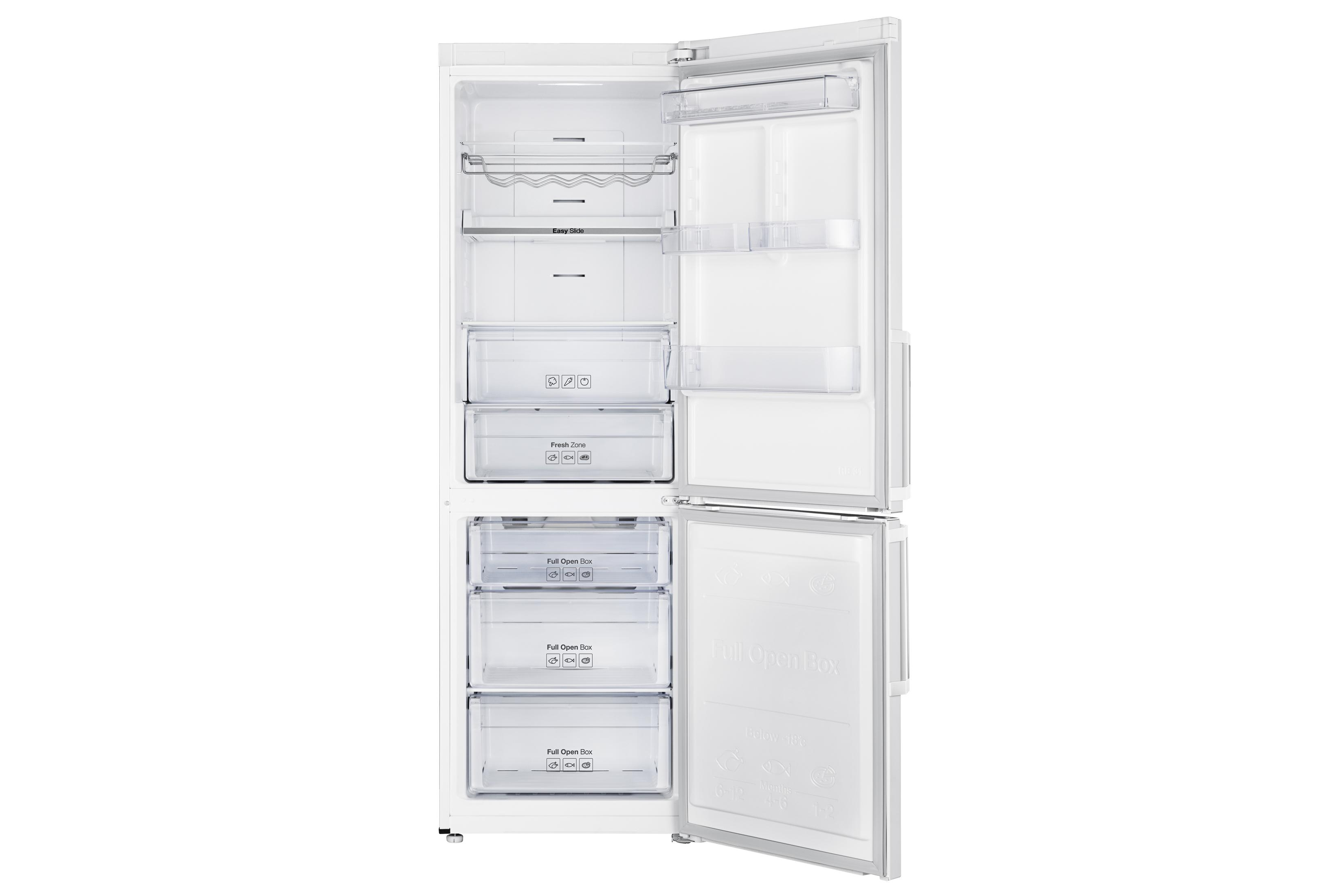 A white refrigerator with its door open displays multiple shelves and drawers.
