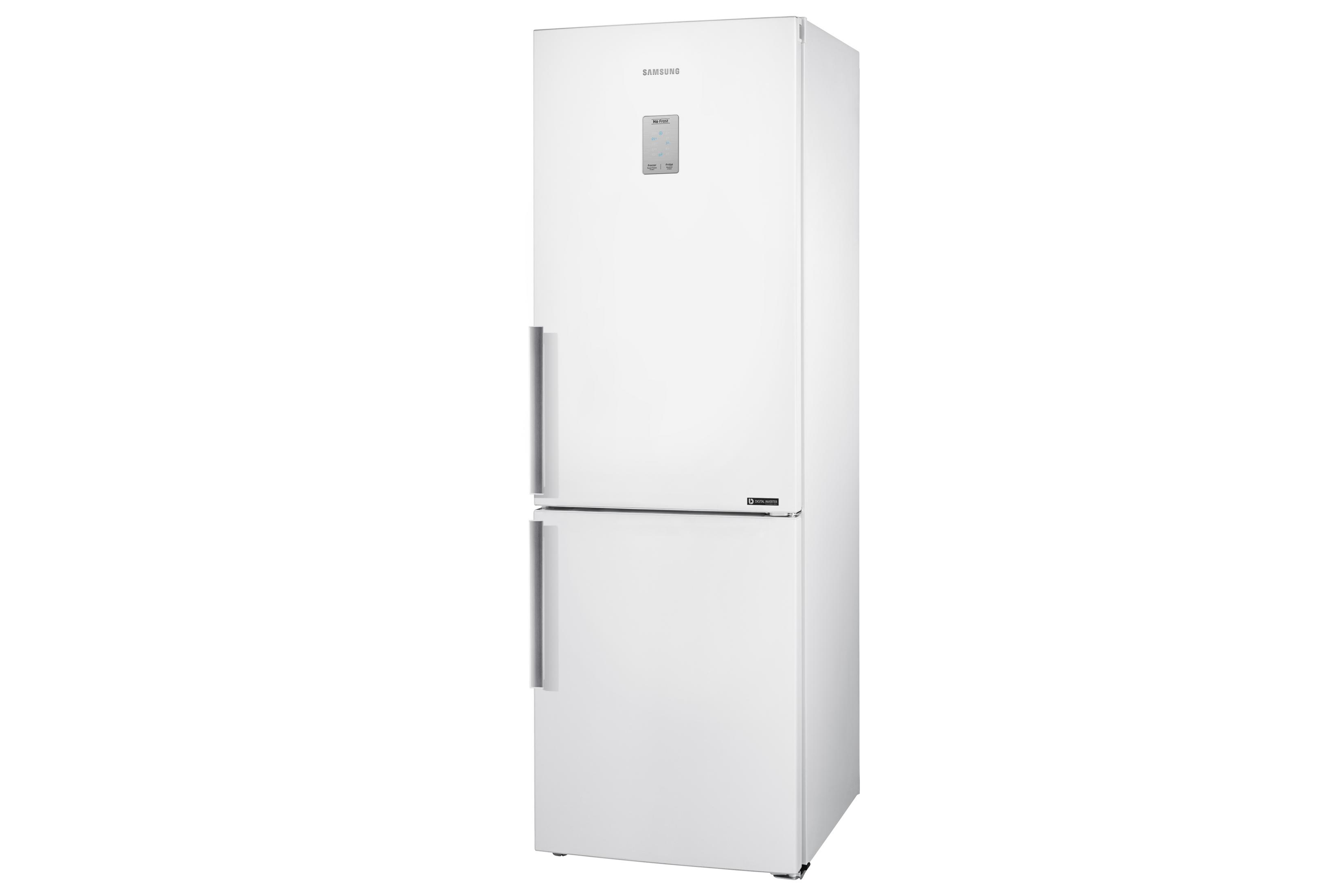 A white Samsung refrigerator with two doors and a digital display.