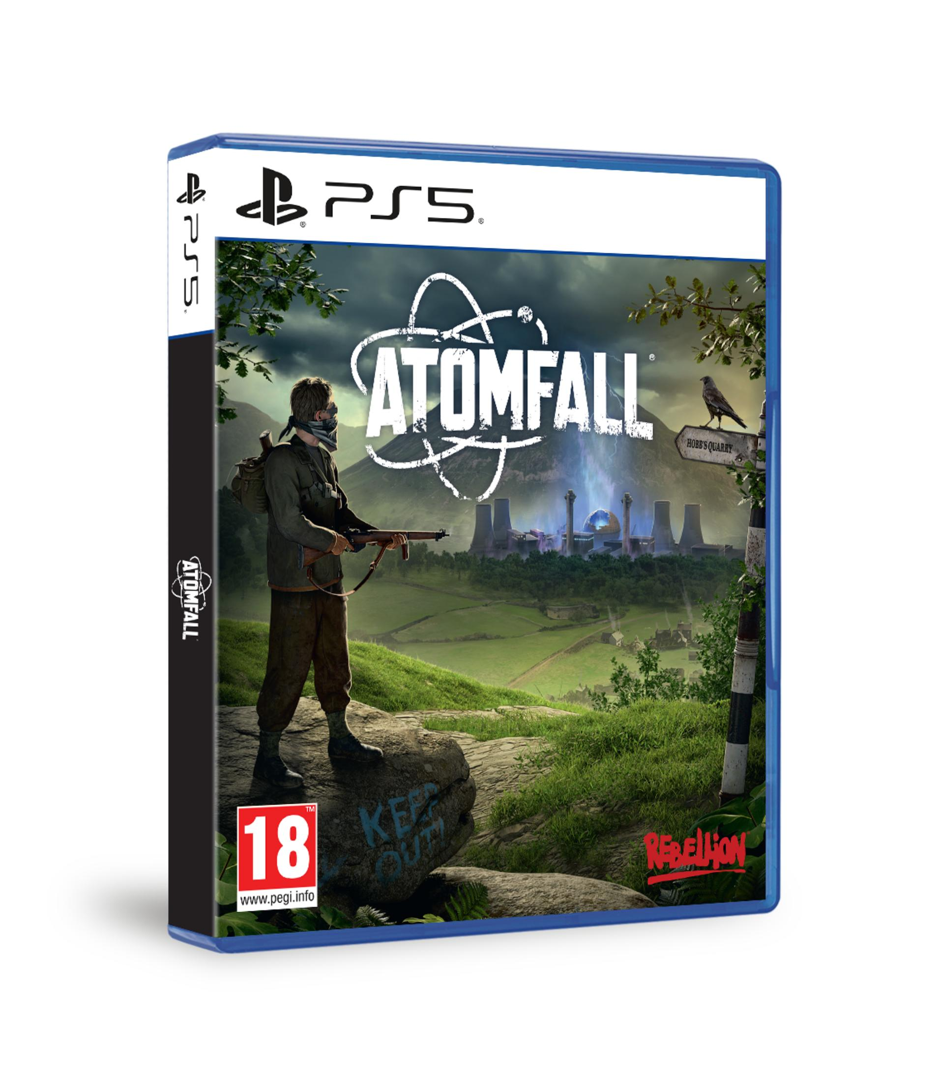 Caja de juego PS5: Hombre con rifle frente a una fábrica bajo un cielo tormentoso.