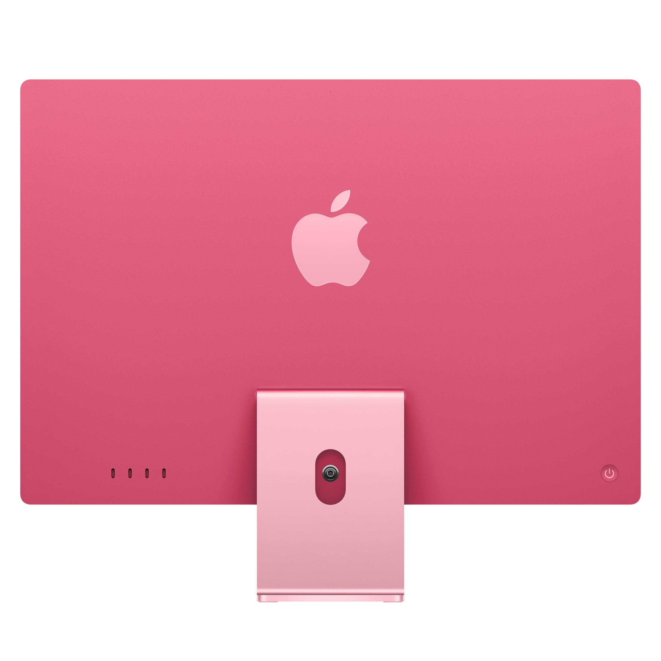 Parte trasera de un iMac rosa con logo de Apple y soporte.