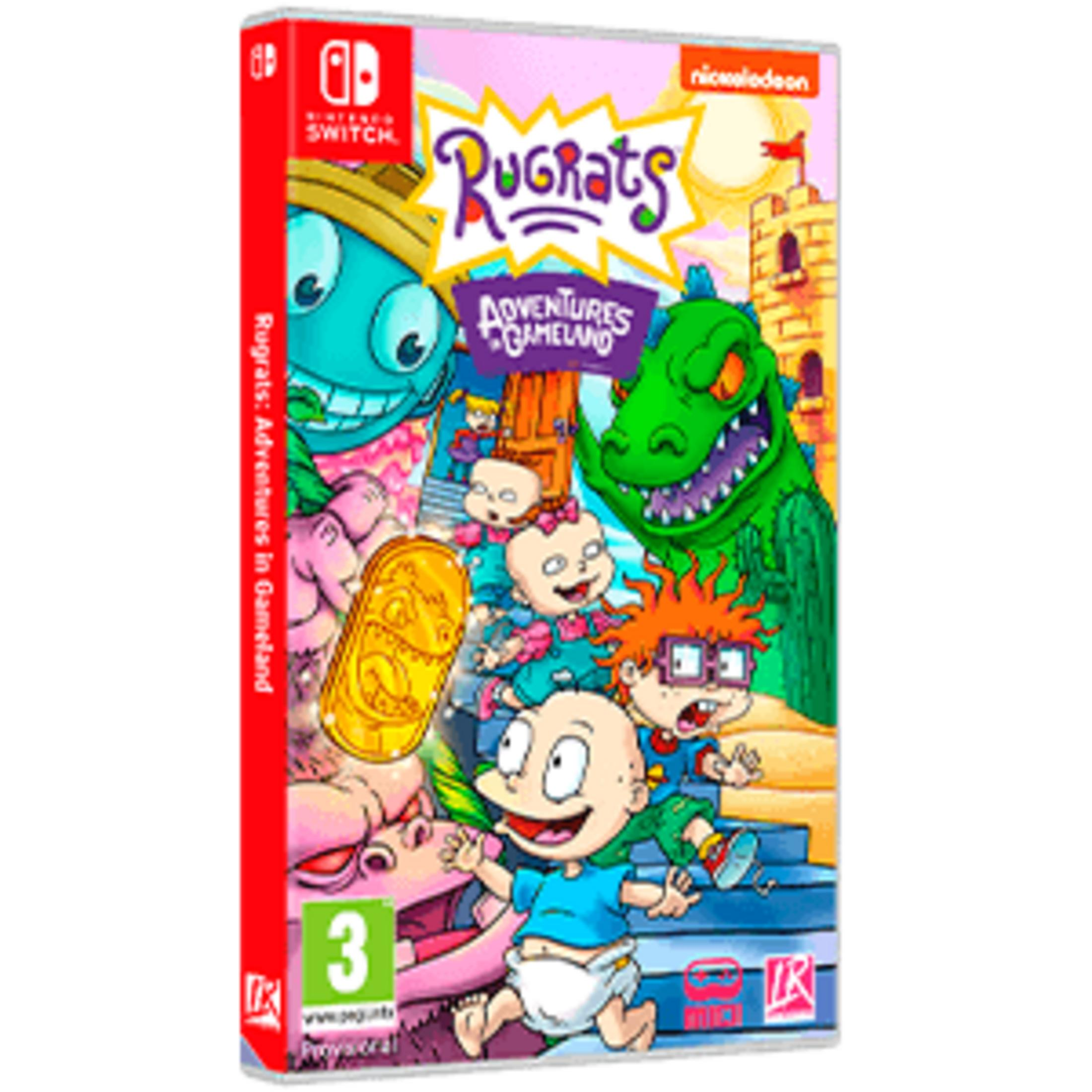 Custodia gioco Rugrats con personaggi, castello e logo.