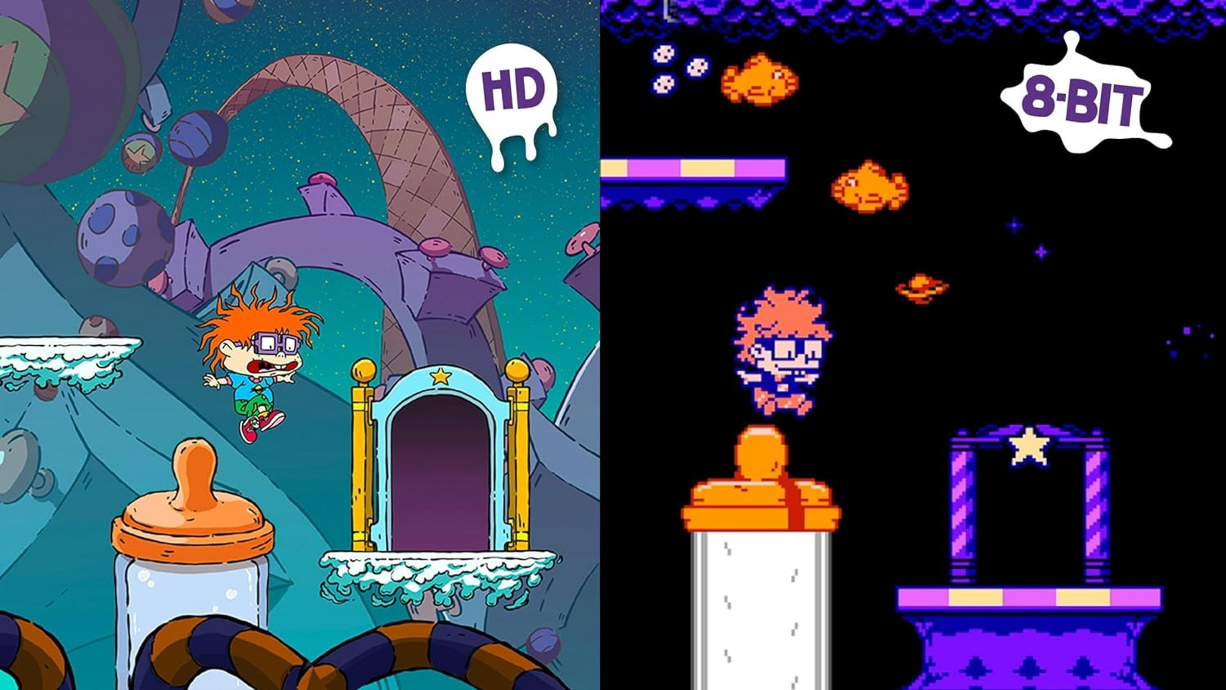 Chucky in stile HD e 8 bit su una piattaforma con elementi di biberon.
