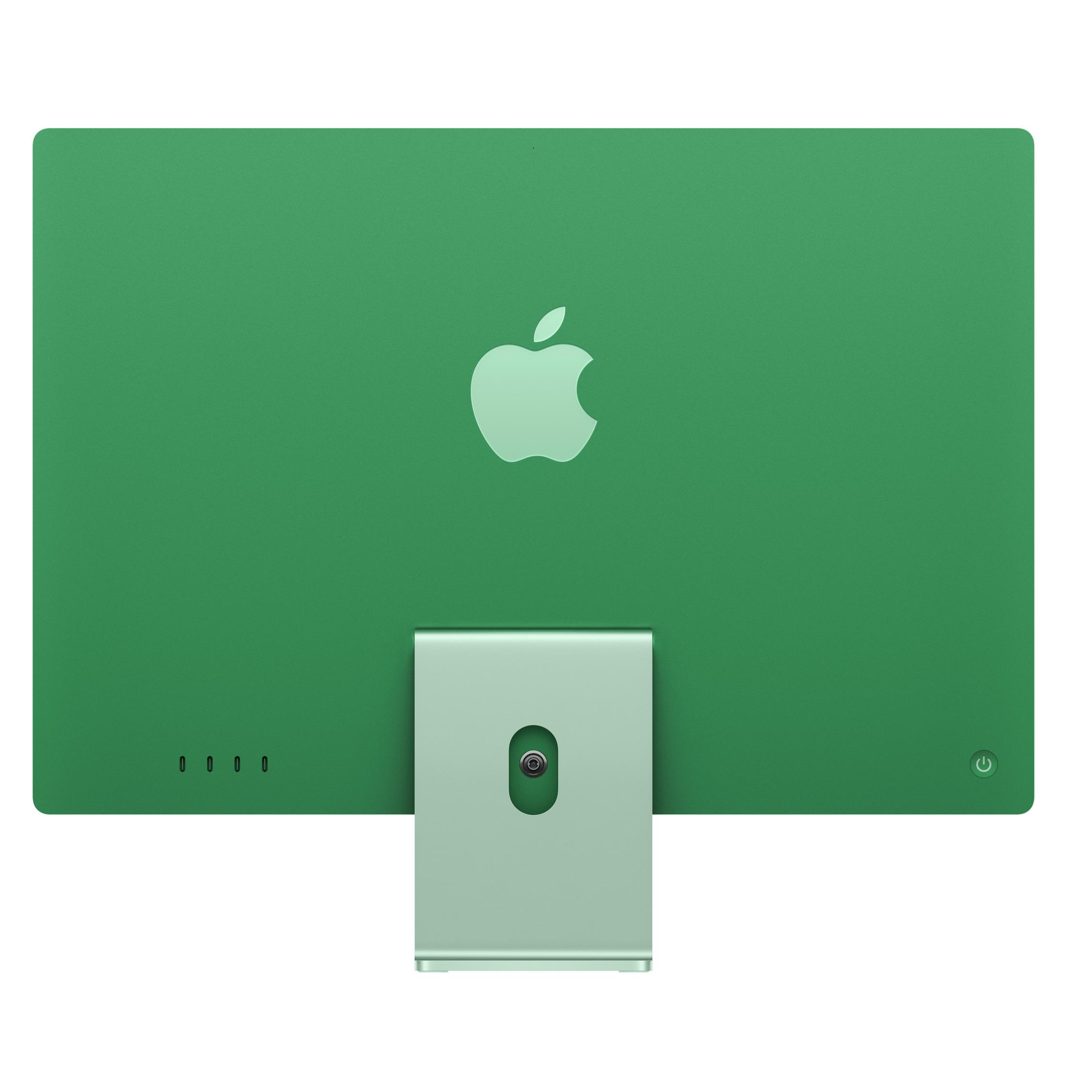 iMac verde con logo Apple e supporto.