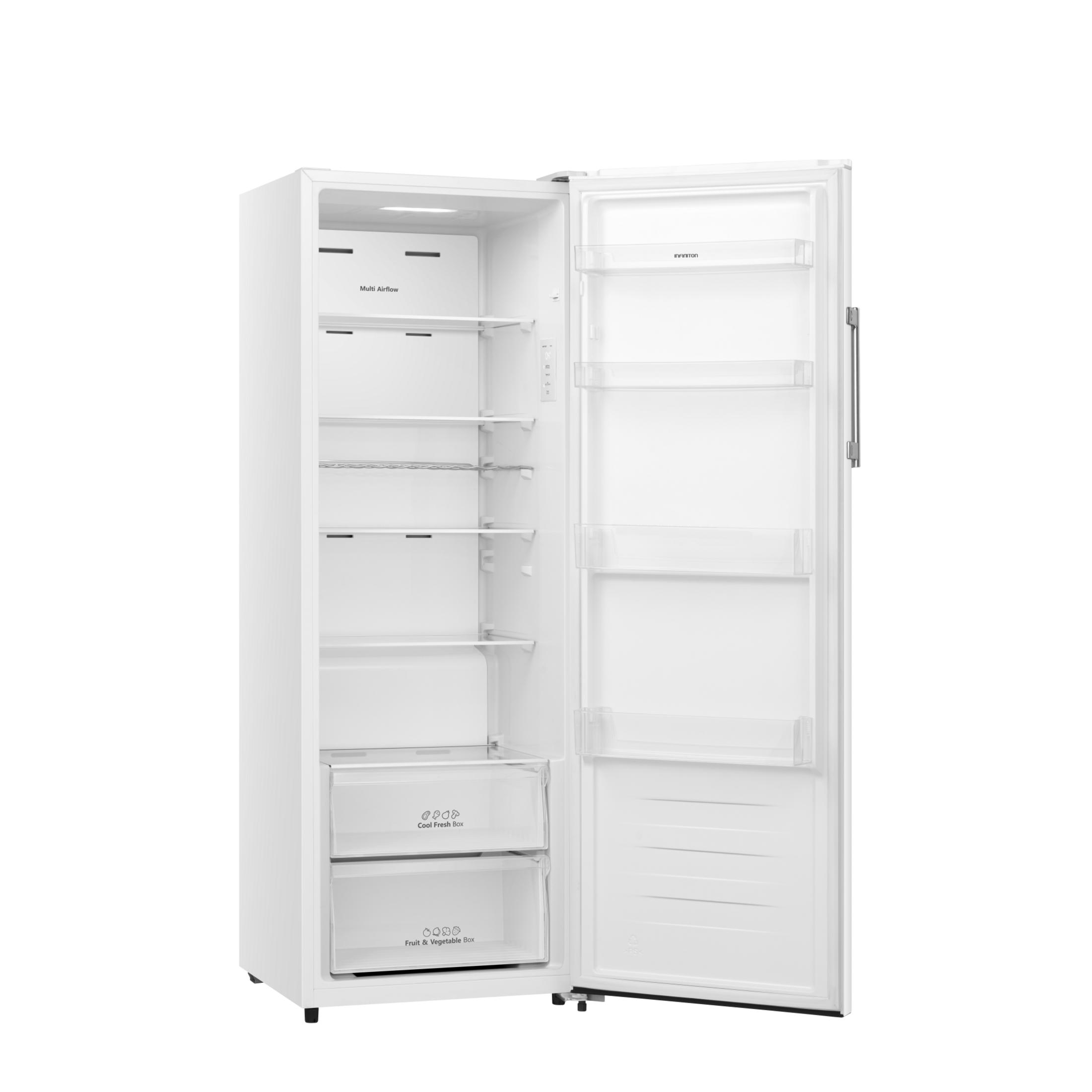 Refrigerador blanco con puerta abierta, vacío por dentro, con estantes y cajones.