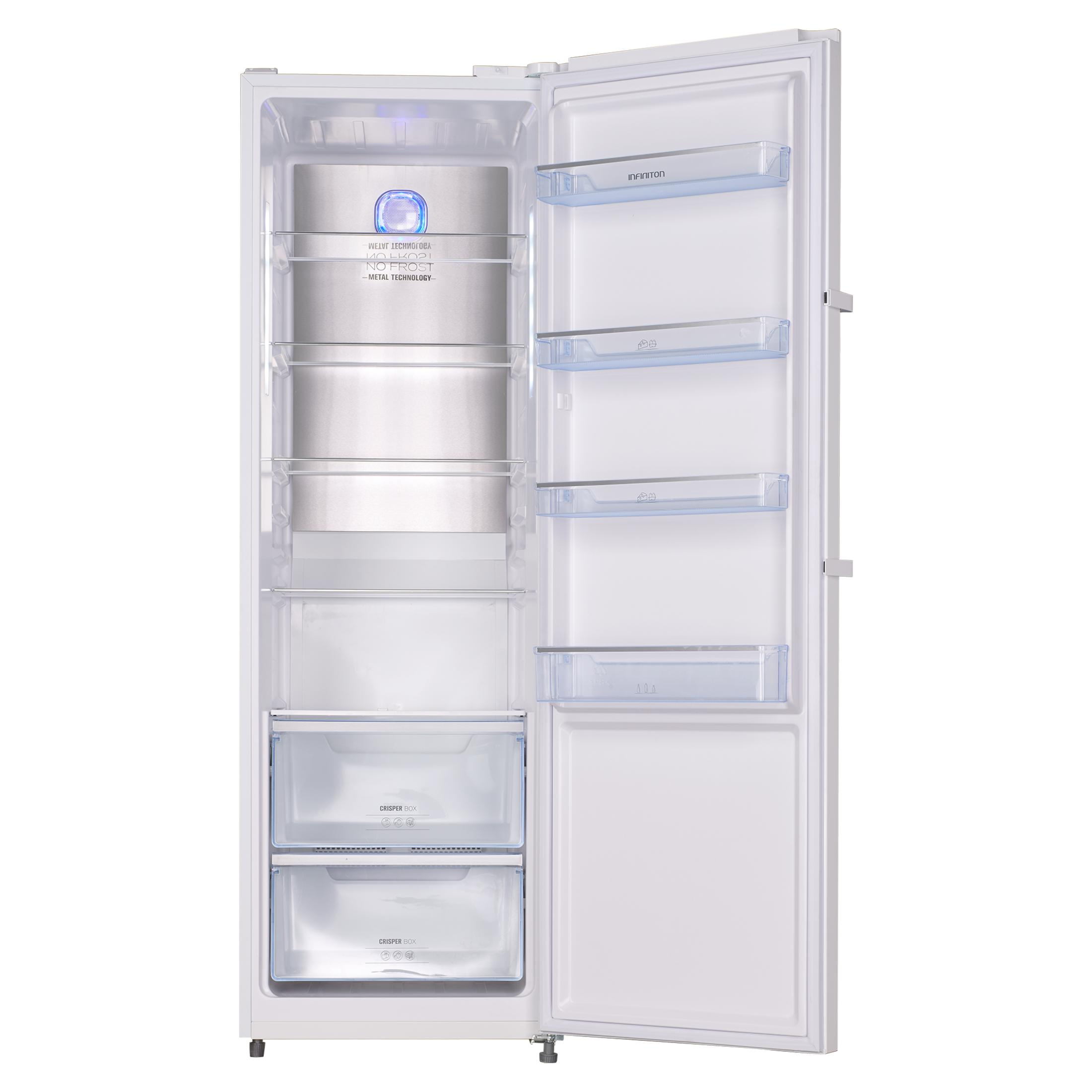 Un refrigerador blanco abierto con múltiples estantes, cajones y compartimentos en la puerta.