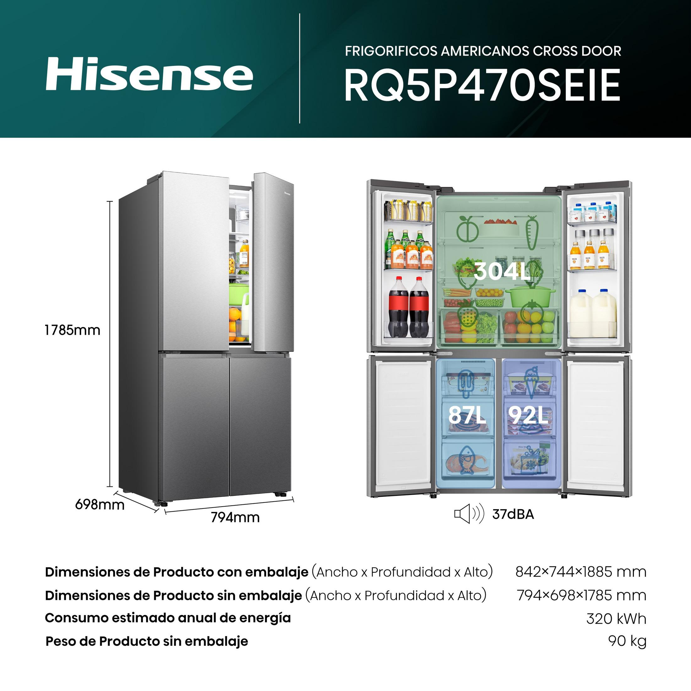 Un refrigerador Hisense de 4 puertas, parcialmente abierto, mostrando alimentos y especificaciones.