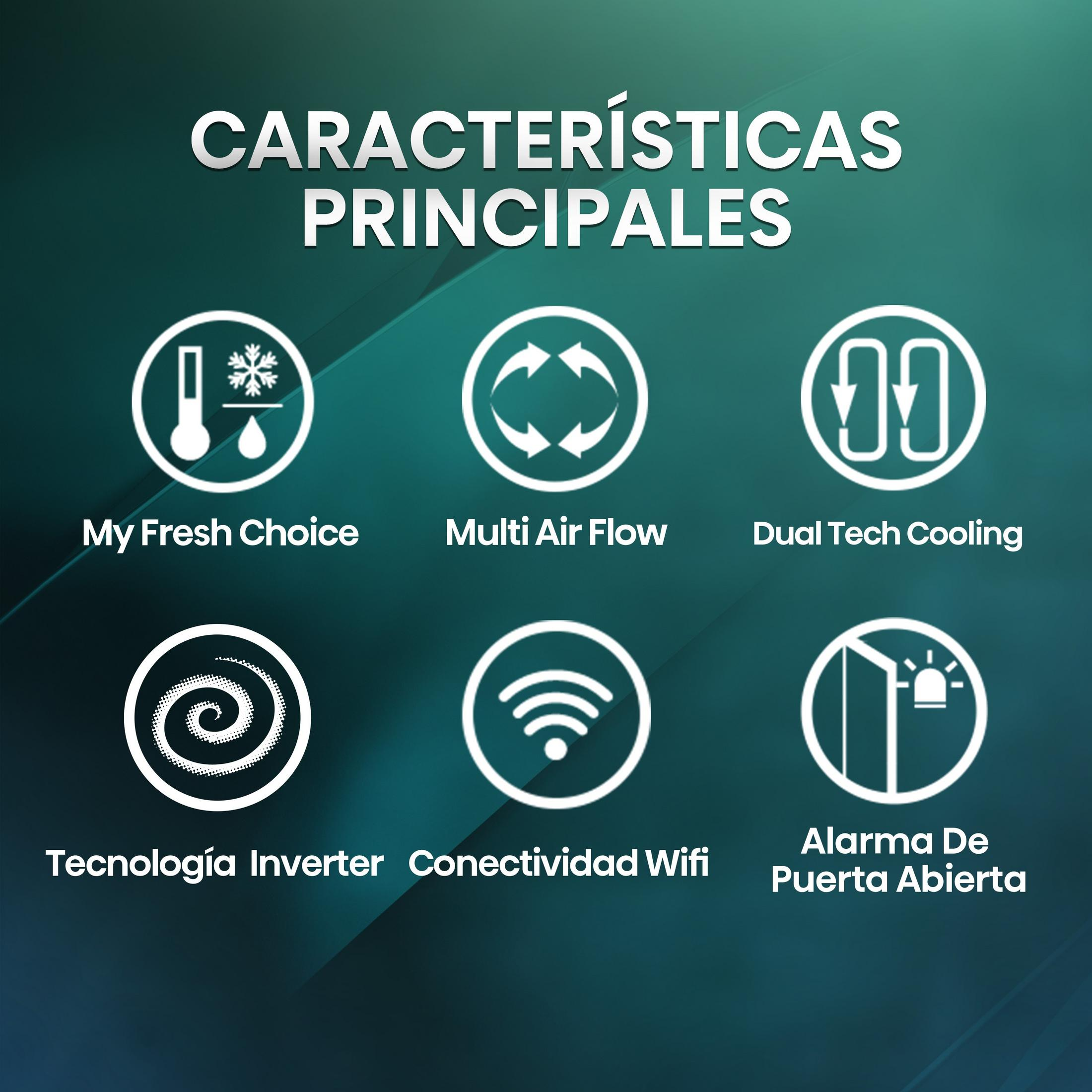 Iconos de enfriamiento, flujo de aire, sensor temp, inversor, wifi, alarma.