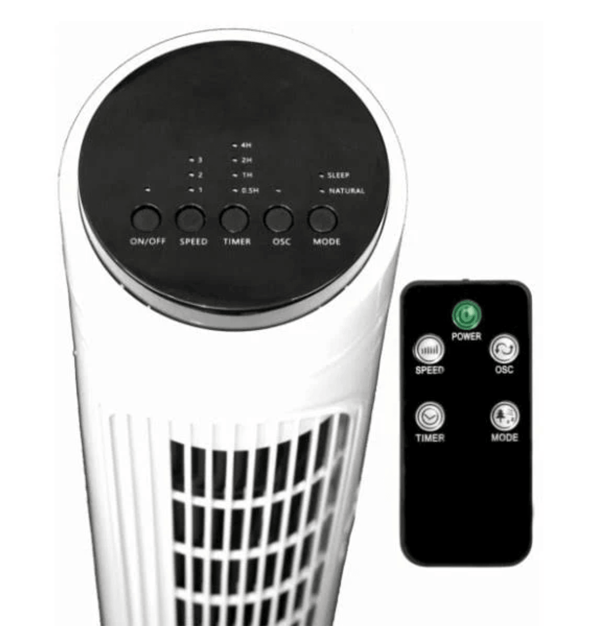 Un ventilador de torre blanco con mando a distancia, sobre fondo blanco.