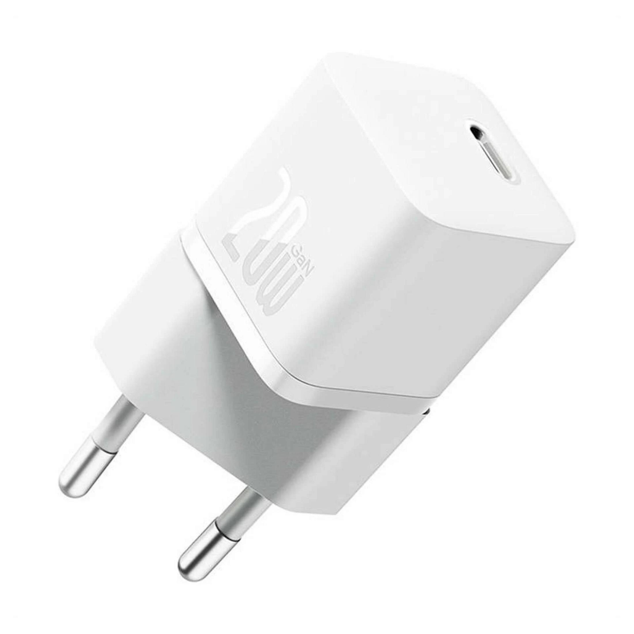 Chargeur rapide blanc 20W GaN avec deux broches et un port USB-C.
