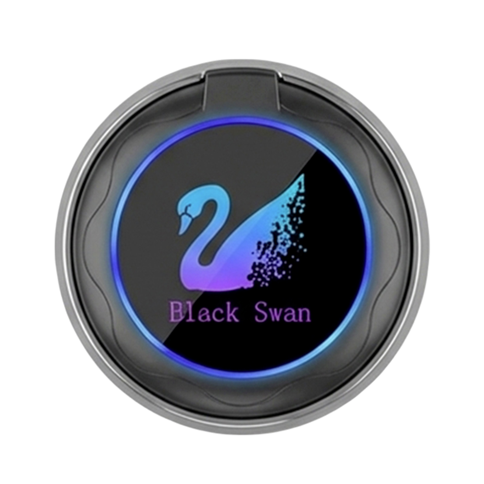 Ein schwarzer Ring mit blau-violetter Schwanengrafik und Text „Black Swan“.