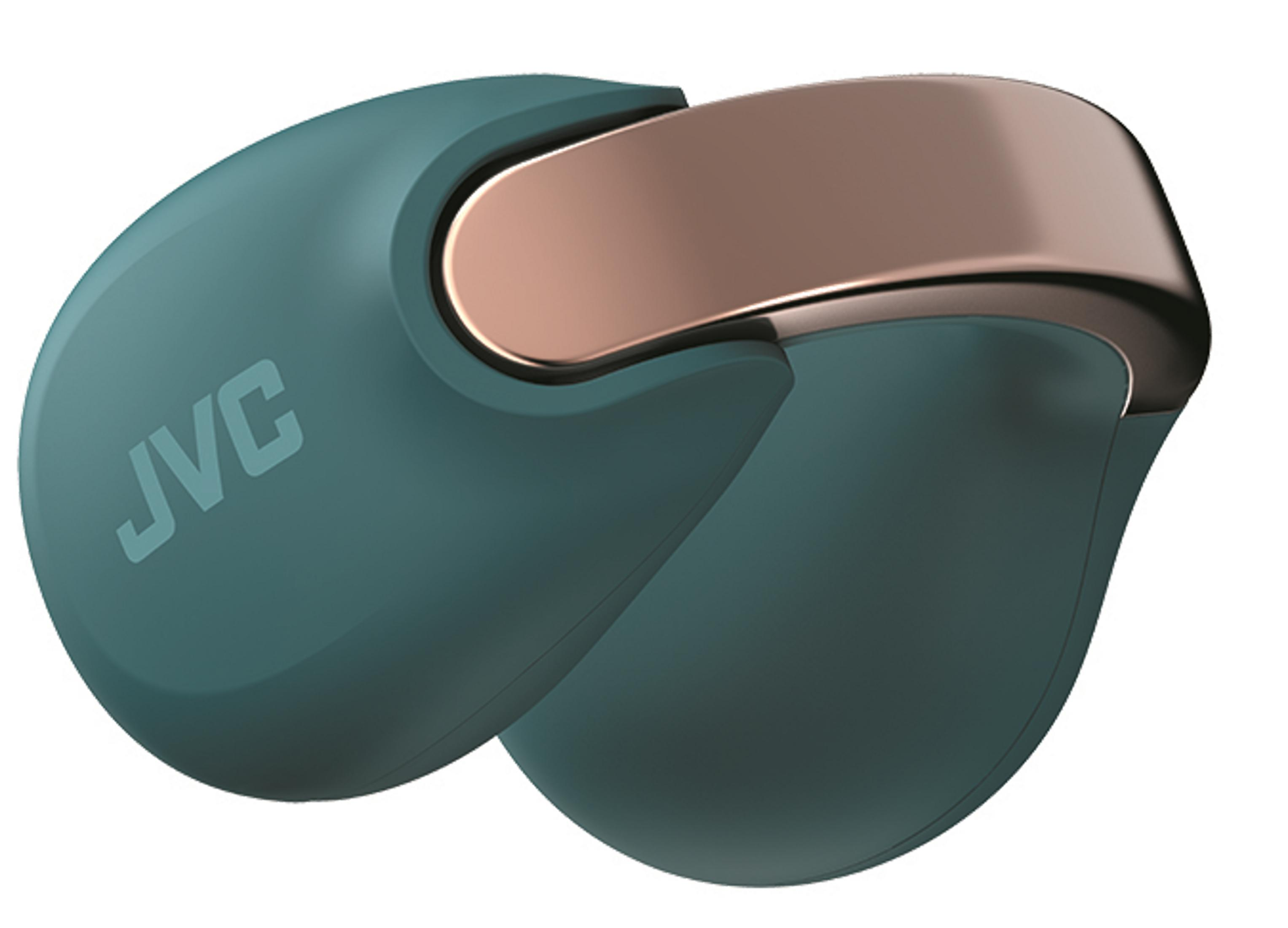 Un audífono JVC color turquesa con detalles en oro rosa sobre fondo blanco.