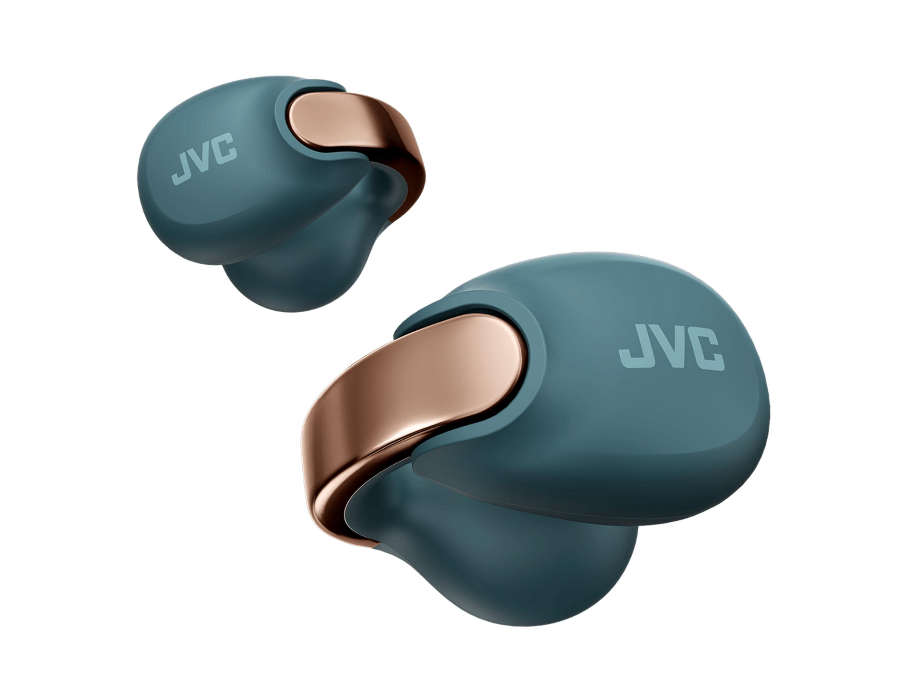 Dos auriculares JVC azul verdoso con detalles en oro rosa sobre fondo blanco.