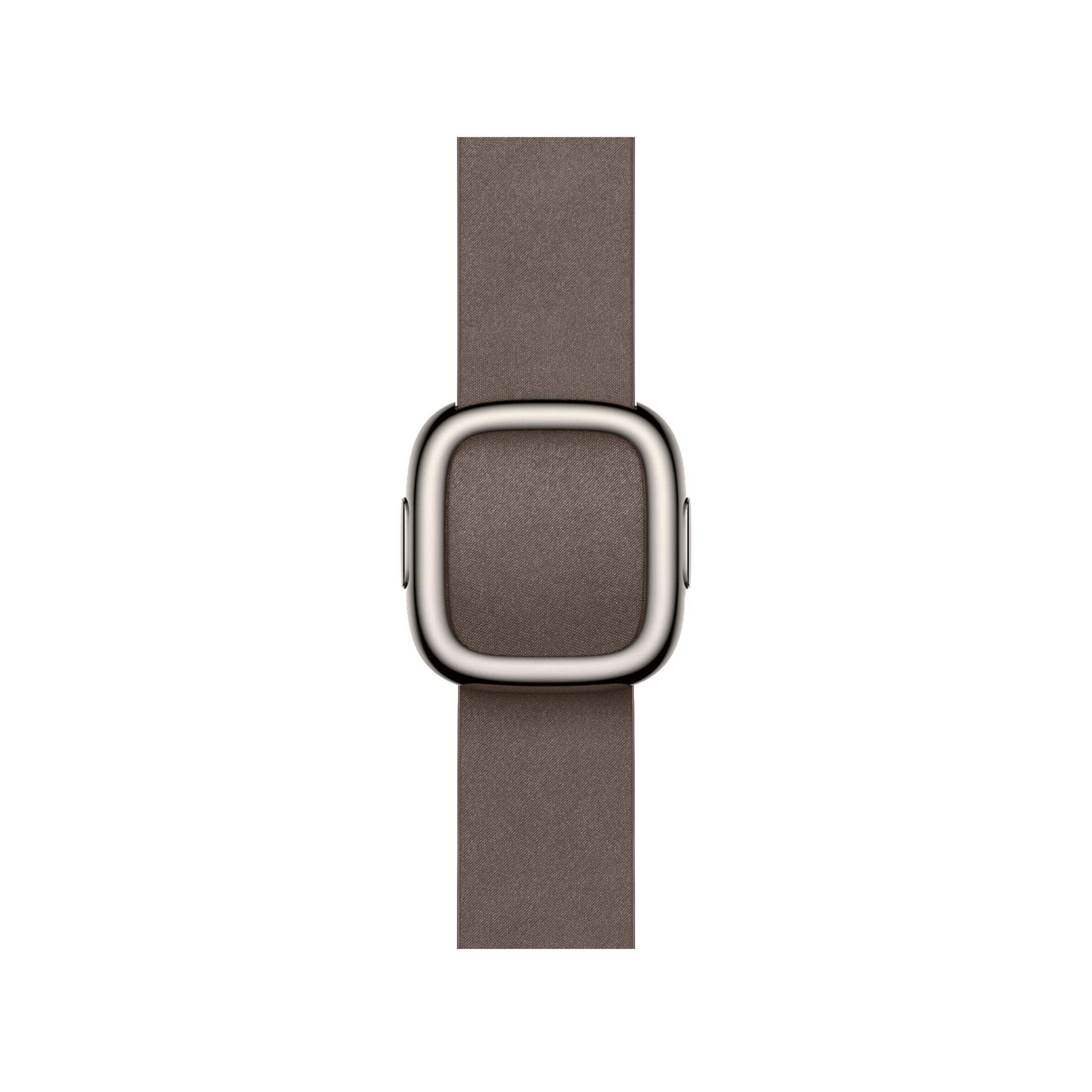 Cinturino in tessuto grigio con quadrante rettangolare argentato. Design minimalista.