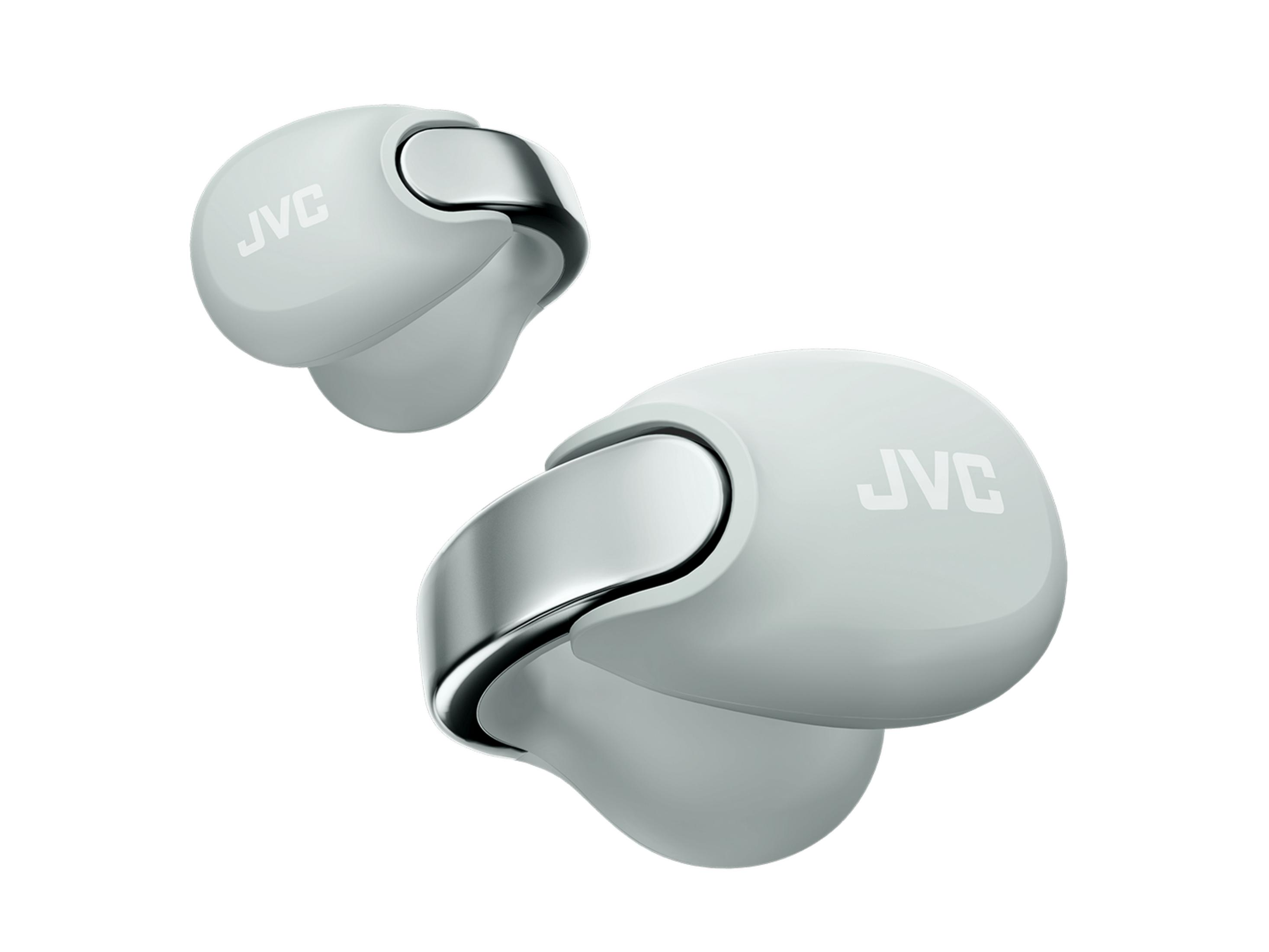 Due auricolari JVC bianchi con accenti argentati su sfondo bianco.