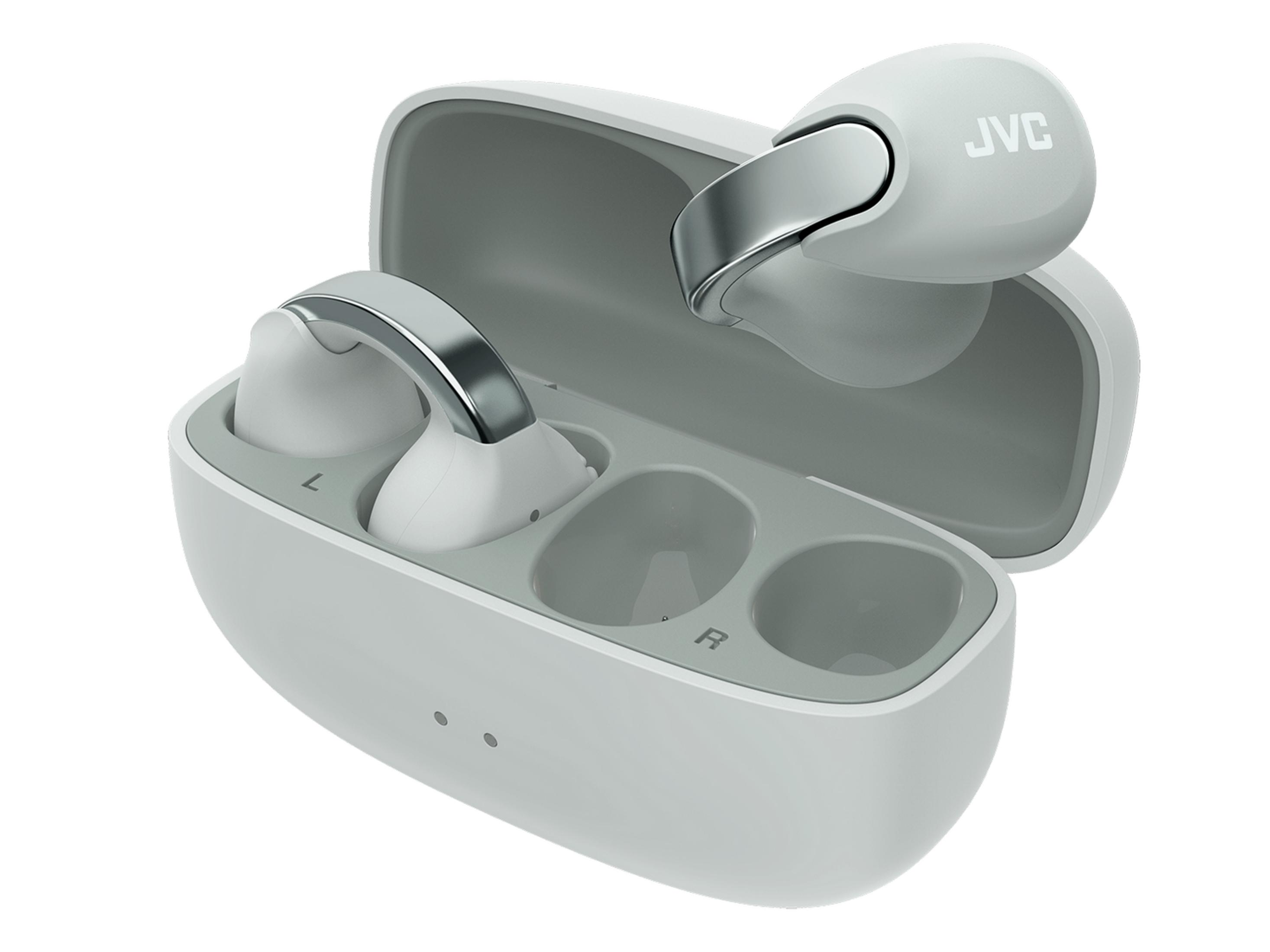 Auricolari bianchi JVC con custodia di ricarica e accenti argentati.