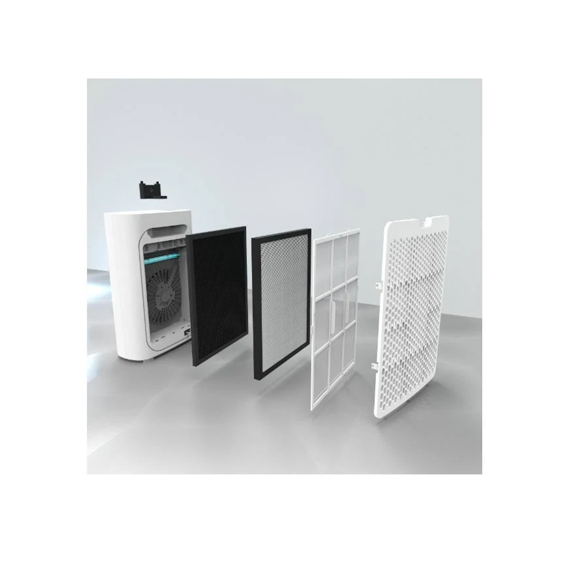Un purificador de aire blanco con filtros desmontados: uno negro, uno gris y uno blanco.