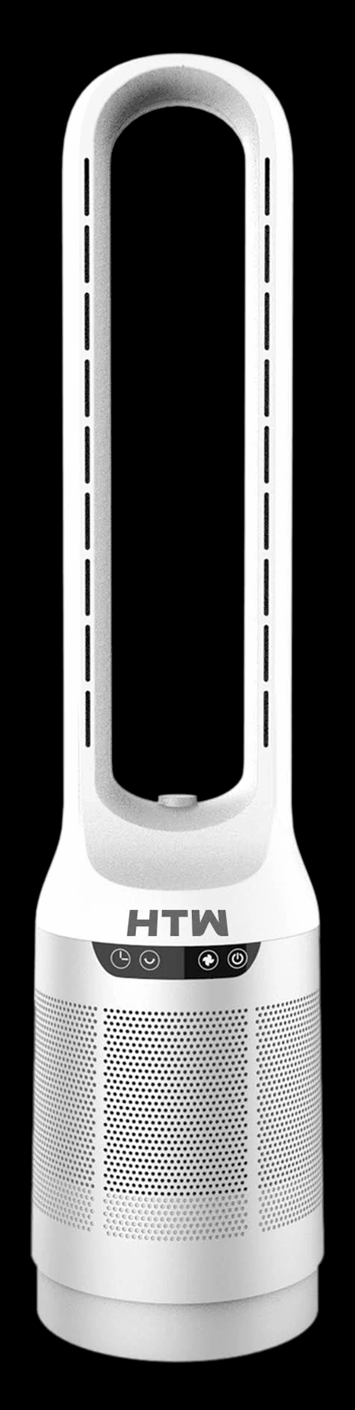 Un ventilador de torre blanco con base perforada y controles táctiles.