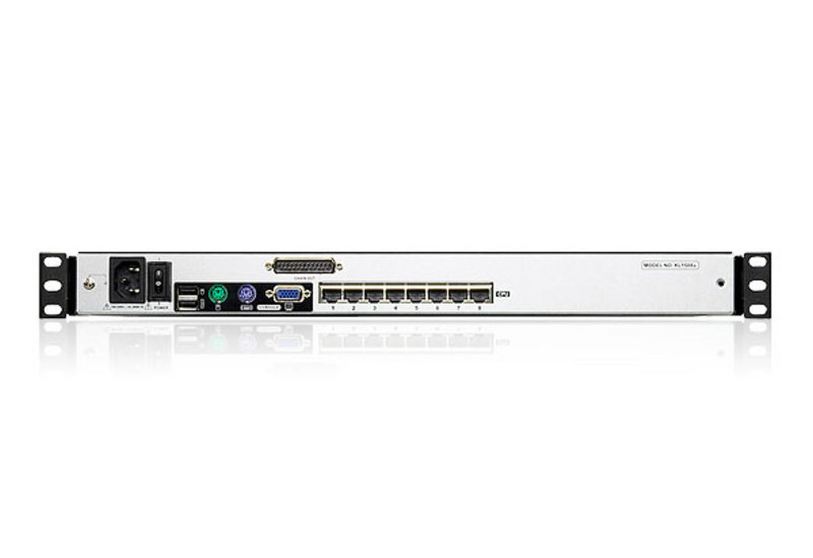 Rückseite eines silbernen 1U-Rack-Servers mit Anschlüssen für Strom, USB, PS/2, VGA und Ethernet.
