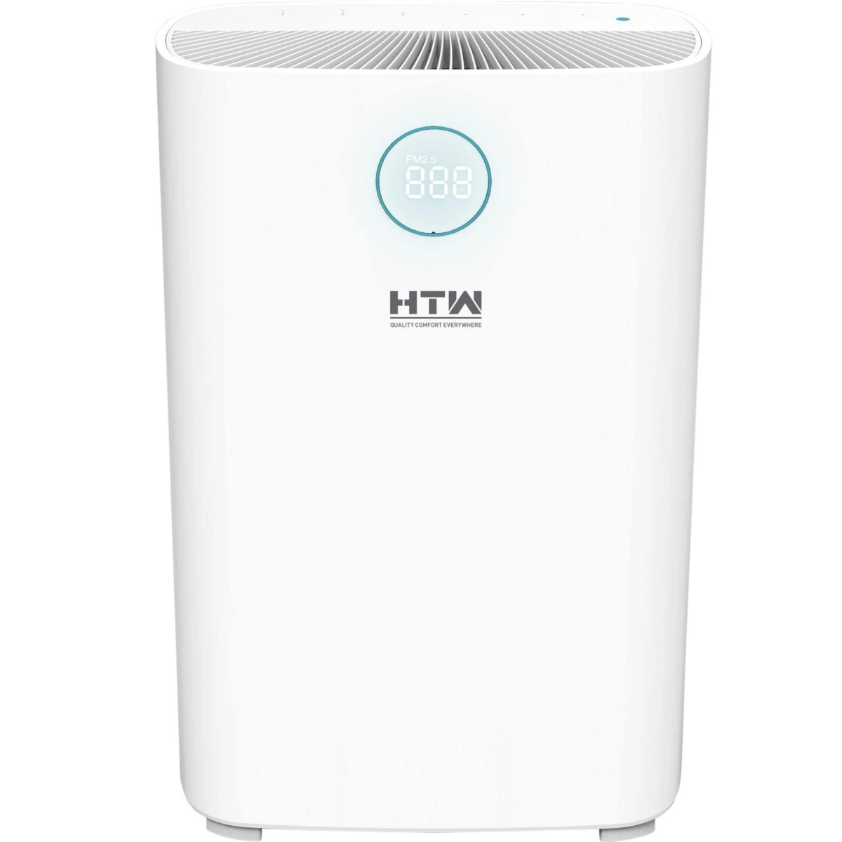 Un purificador de aire HTW blanco con pantalla digital que muestra PM2.5.