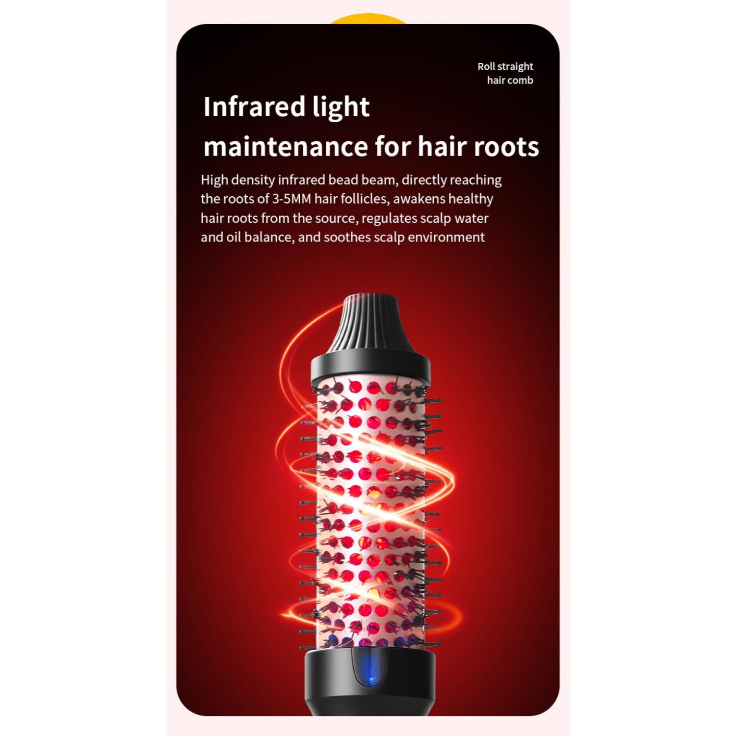 Ein rot beleuchteter Haarkamm mit Infrarotlicht zur Pflege der Haarwurzeln.