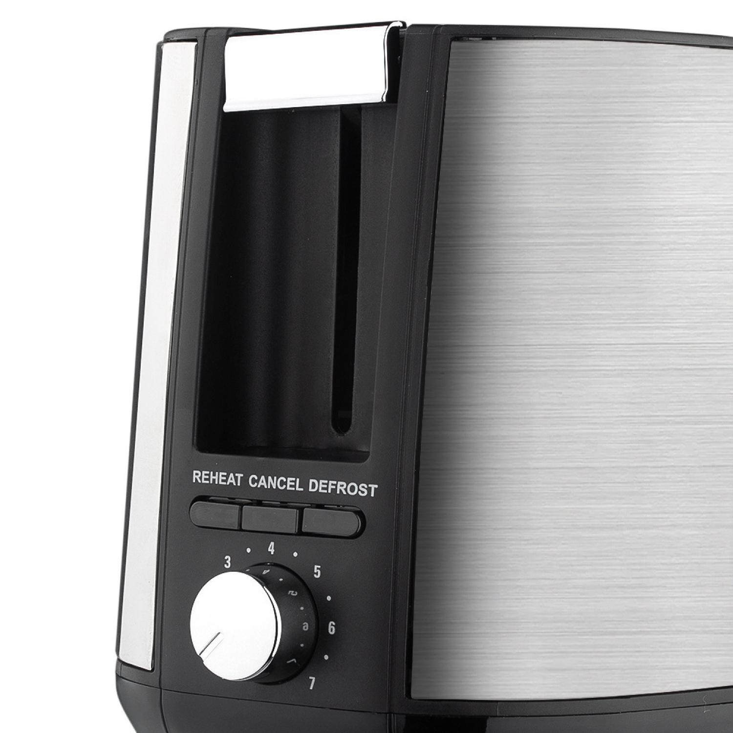 Ein schwarzer Toaster mit silbernen Akzenten und Bedienelementen.