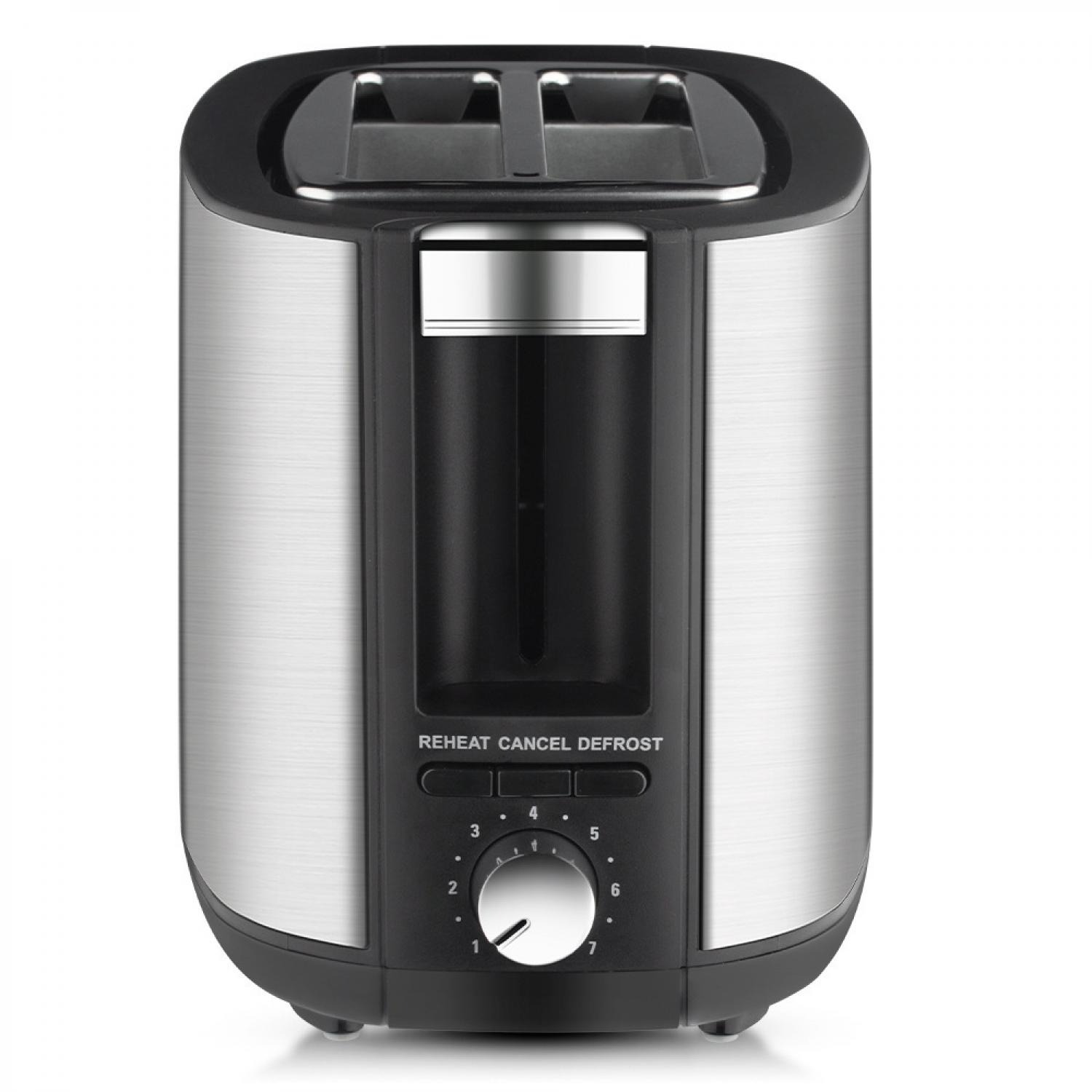 Ein silberner Toaster mit schwarzem Bedienfeld und Regler.