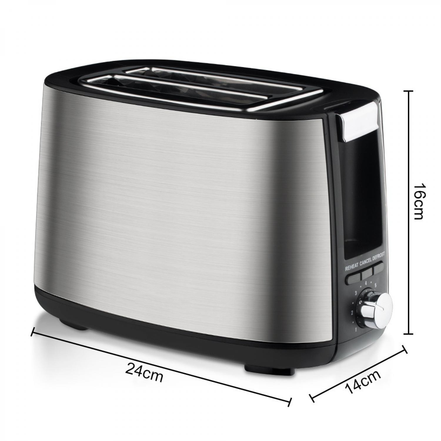 Ein silberner und schwarzer Toaster mit zwei Schlitzen und Bedienelementen.