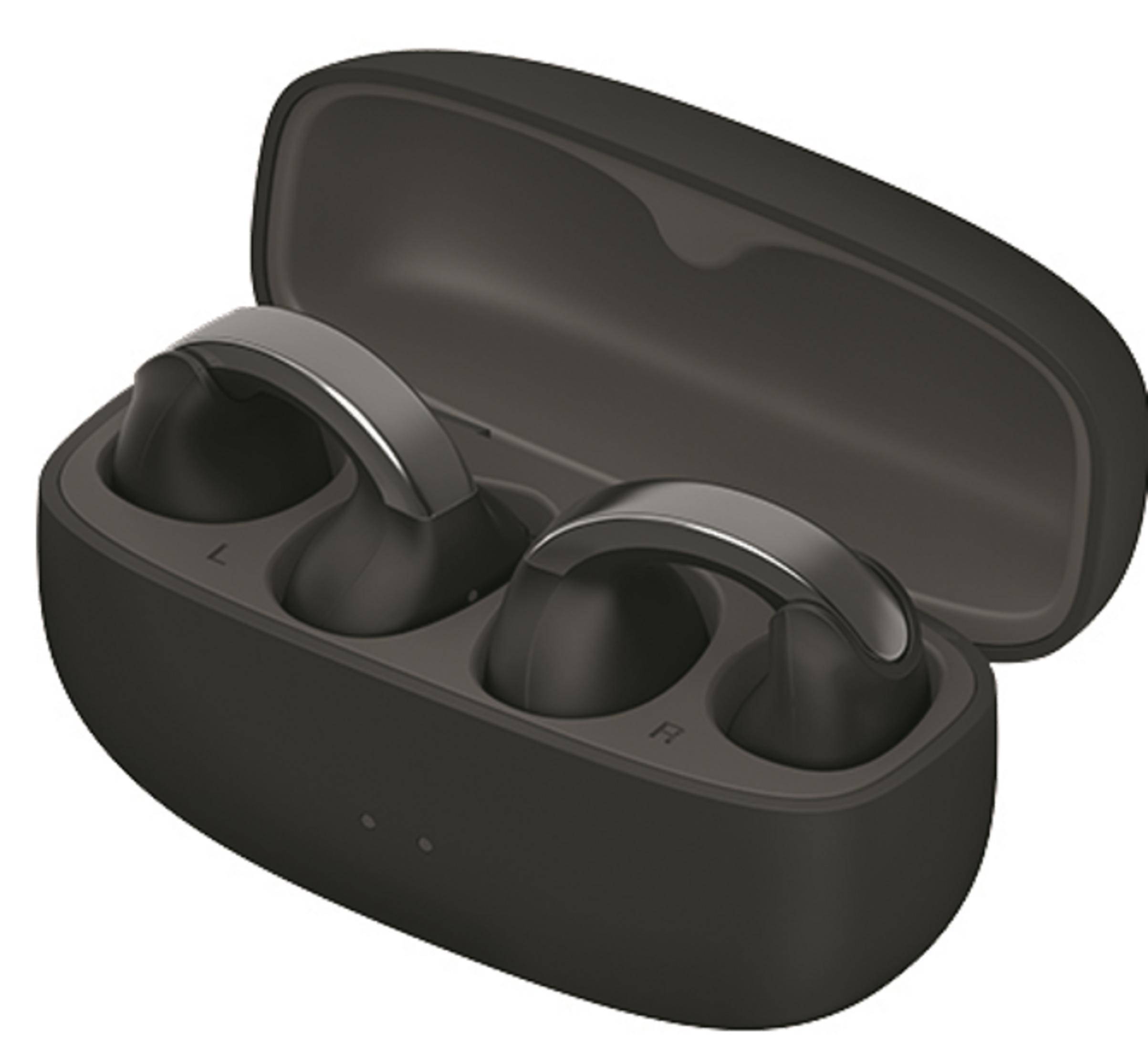 Custodia di ricarica nera con due auricolari wireless, con accenti metallici.
