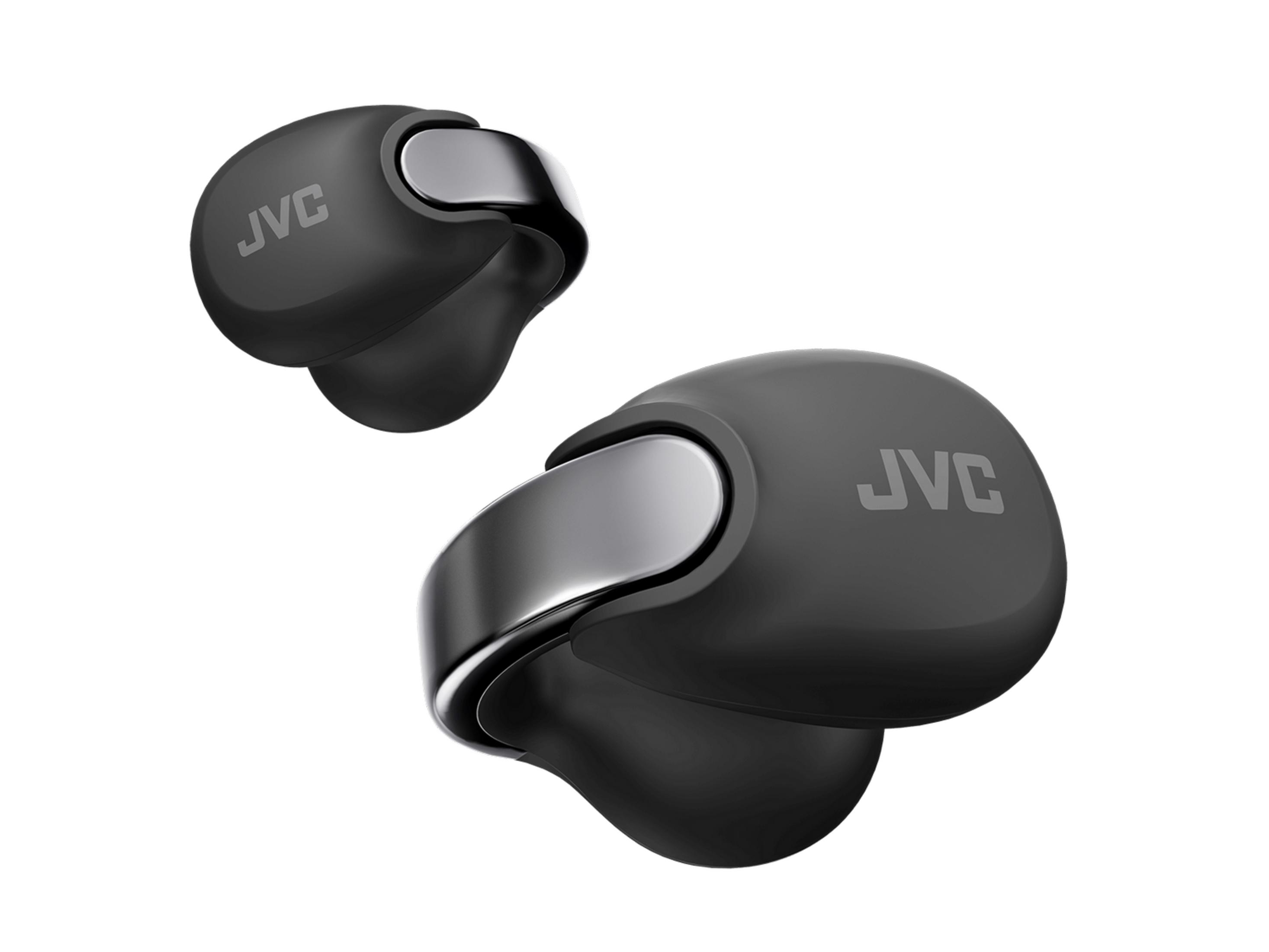 Due auricolari JVC neri con accenti argentati su sfondo bianco.