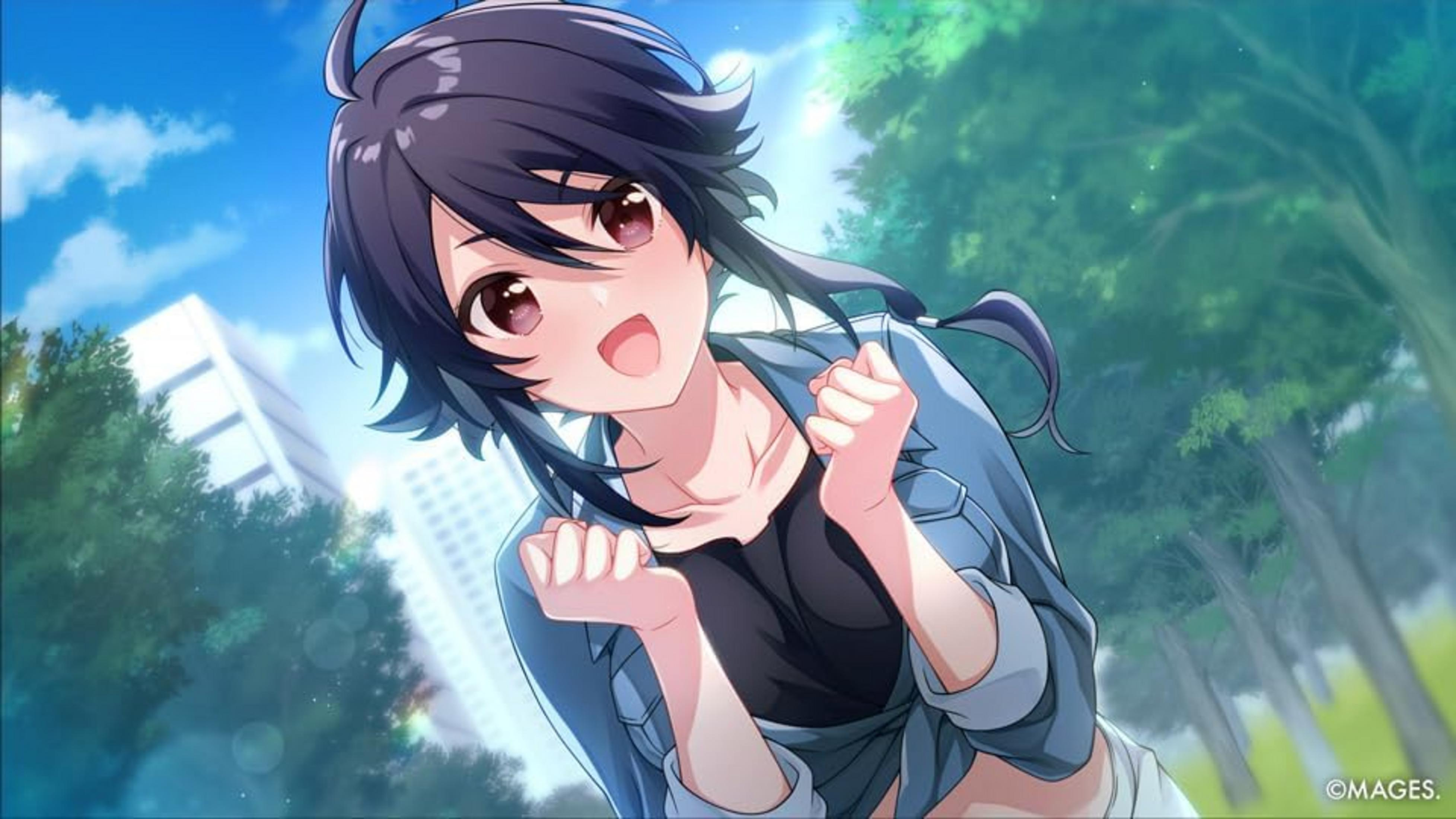 Ragazza anime con capelli scuri in camicia blu sorride su sfondo soleggiato.