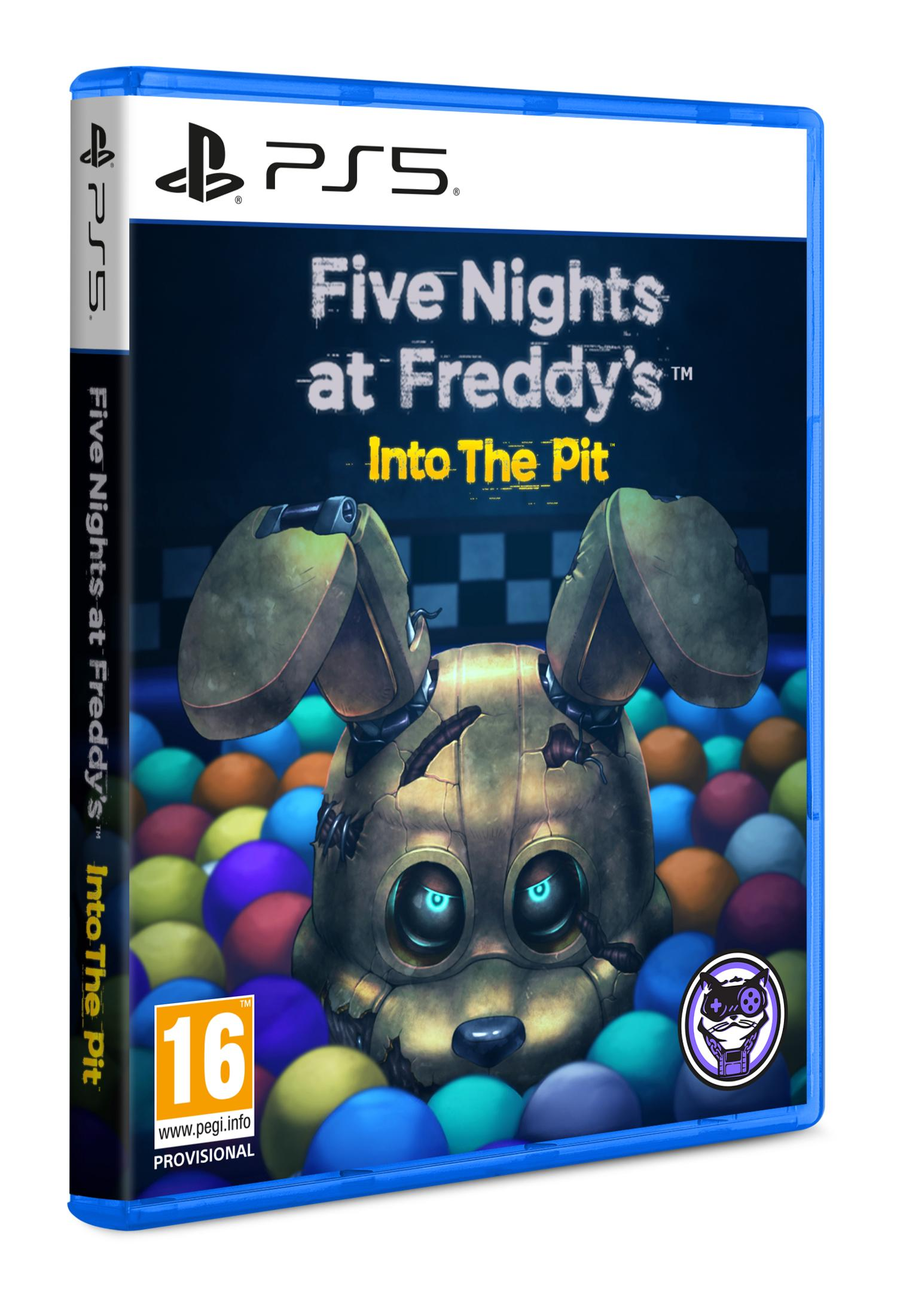 Portada del juego PS5 "Five Nights at Freddy's: Into The Pit" con robot espeluznante.
