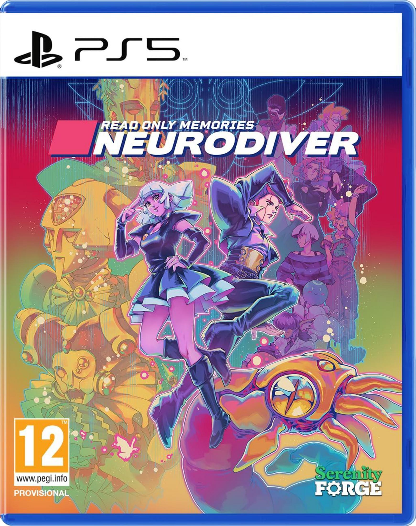 Copertina gioco PS5: Due figure davanti a uno sfondo colorato con robot e creature.